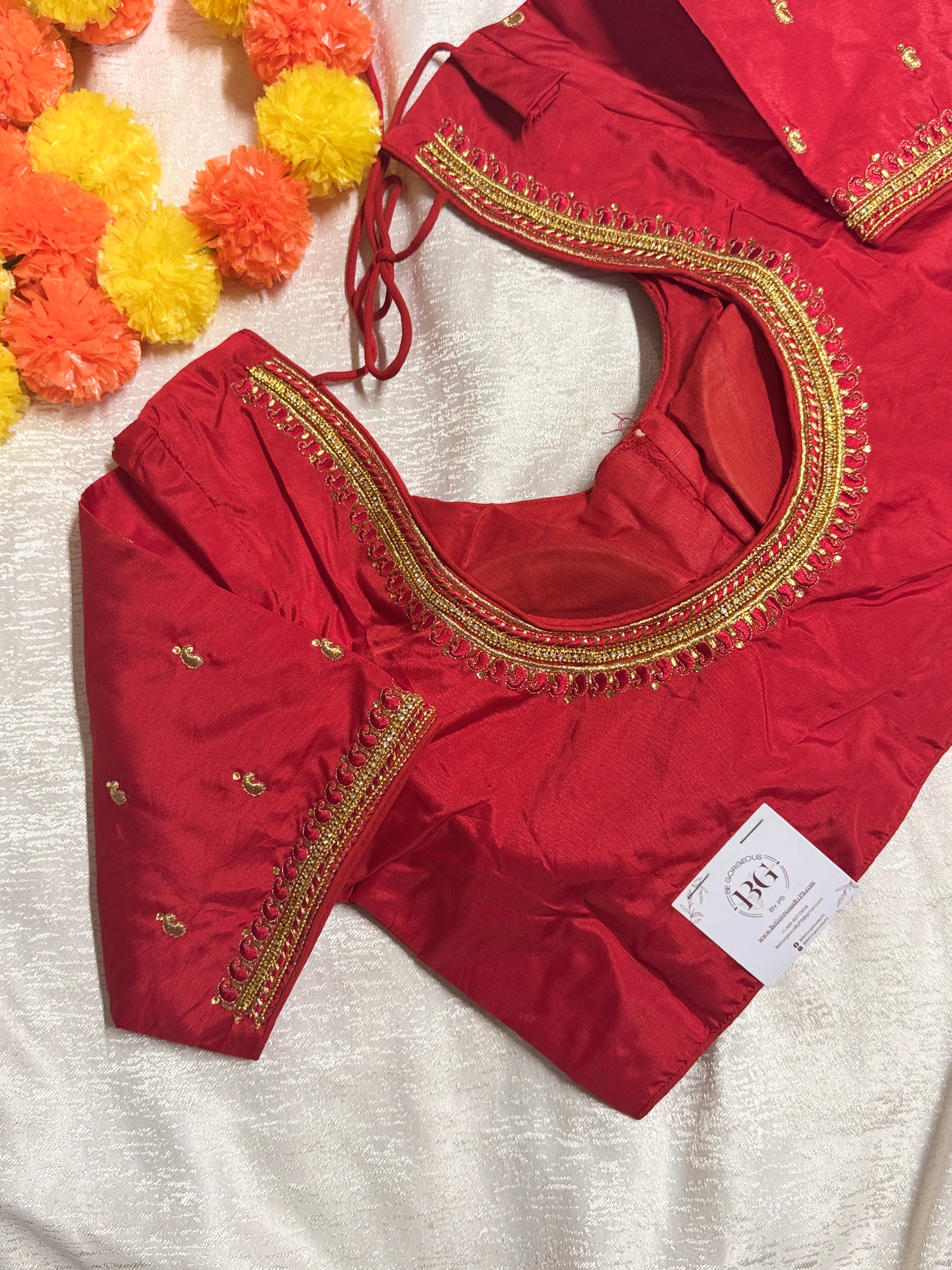 Maggam Work Readymade Padded Blouse front hooks with sleeves