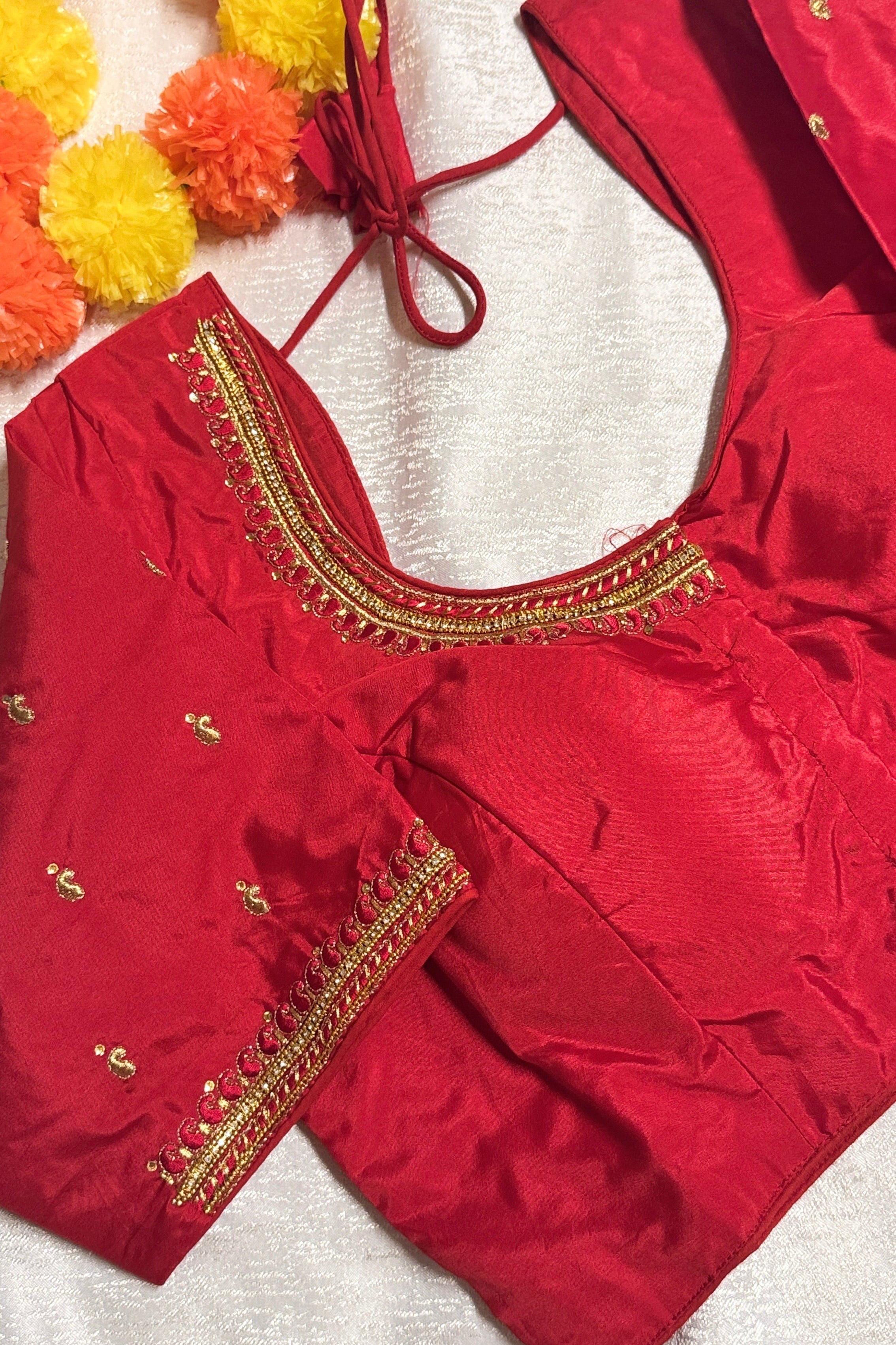 Maggam Work Readymade Padded Blouse front hooks with sleeves
