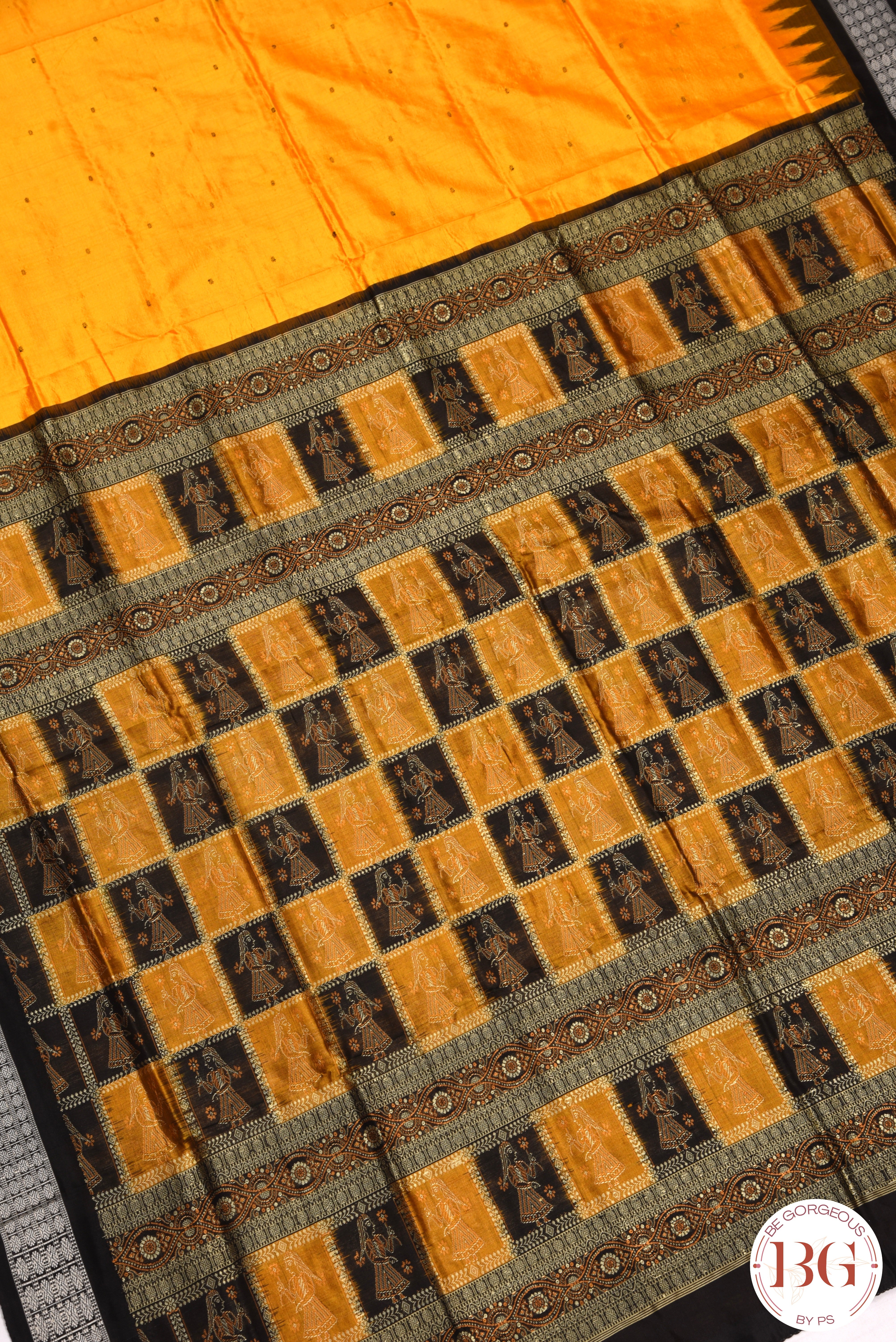 Pure Sambalapuri Bomkai Patta silk odisha handloom saree - Yellow Black