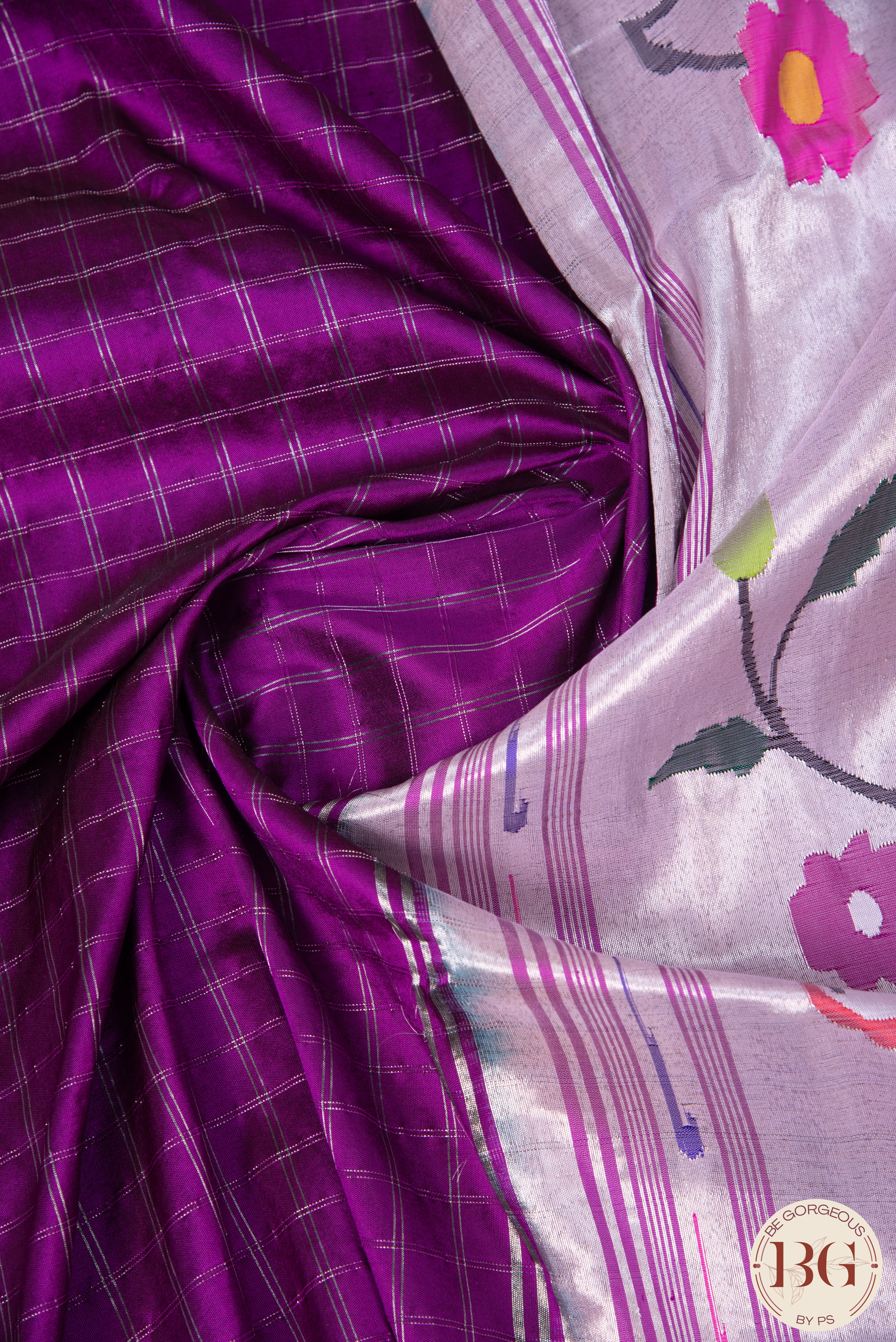 Paithani Saree with Triple Muniya border checker body and parrot pallu - purple