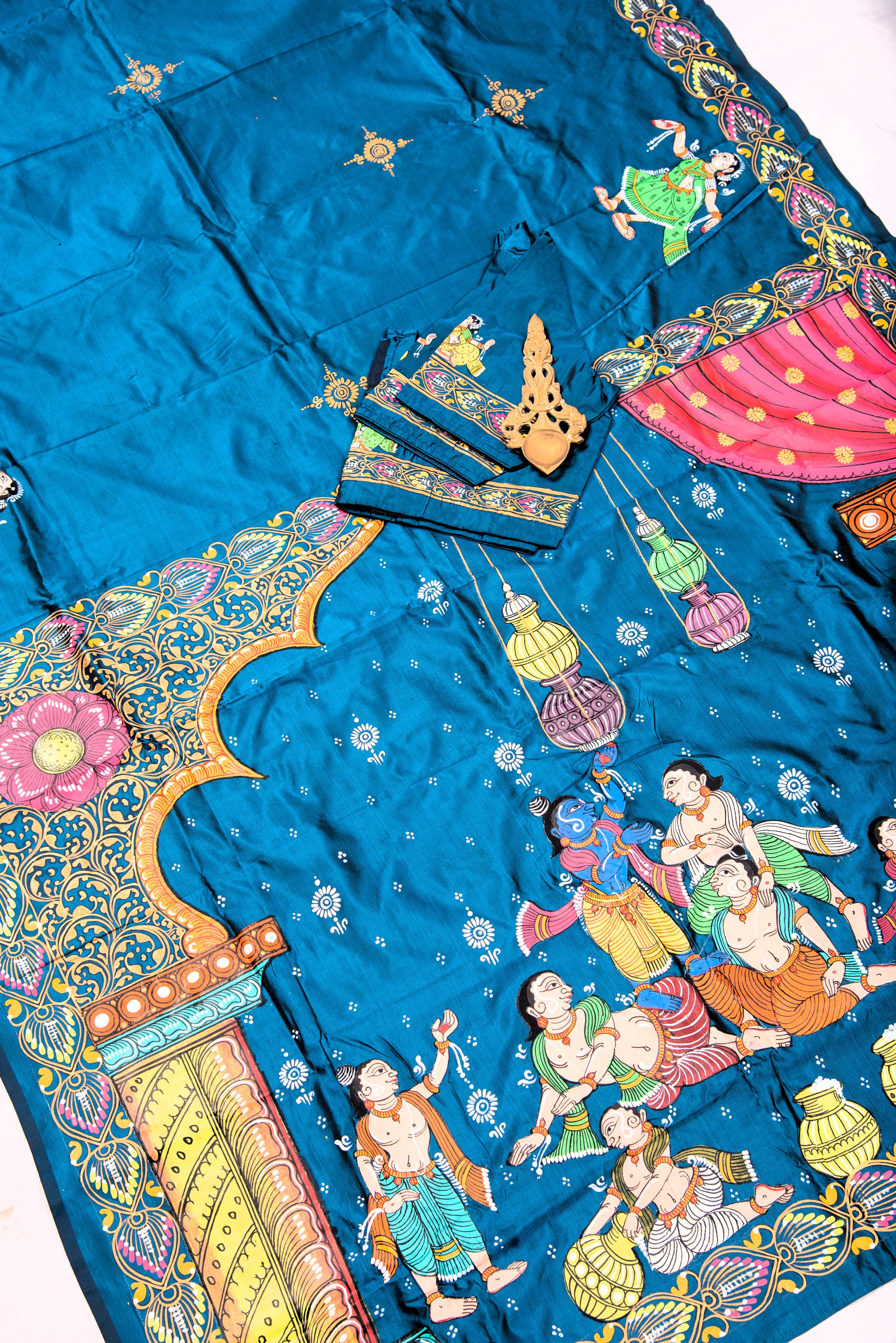 Pattachitra hand painted saree on pure silk - Krishna Dahi Matki Theme