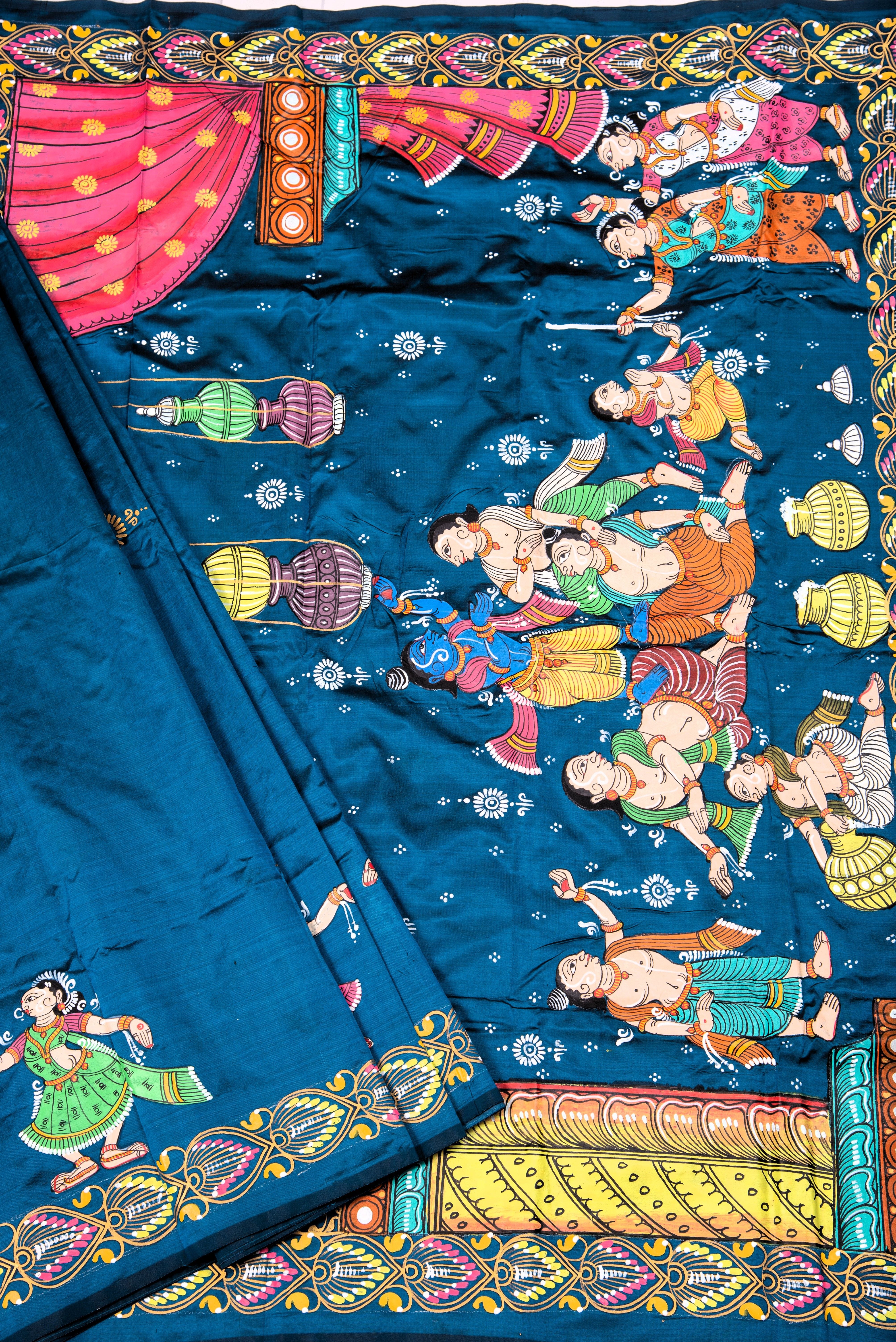 Pattachitra hand painted saree on pure silk - Krishna Dahi Matki Theme