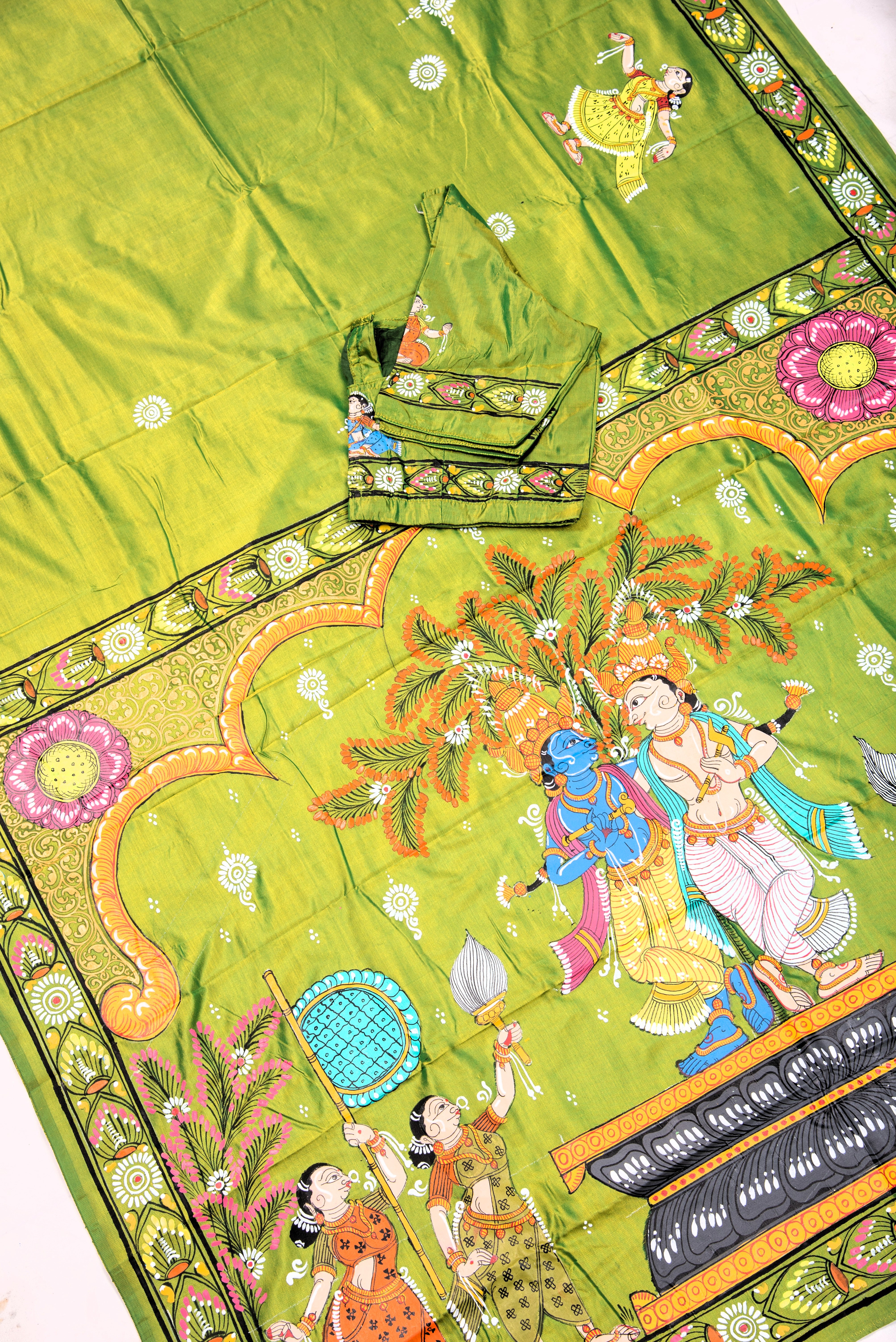 Pattachitra hand painted saree on pure silk - Krishna Balram Theme