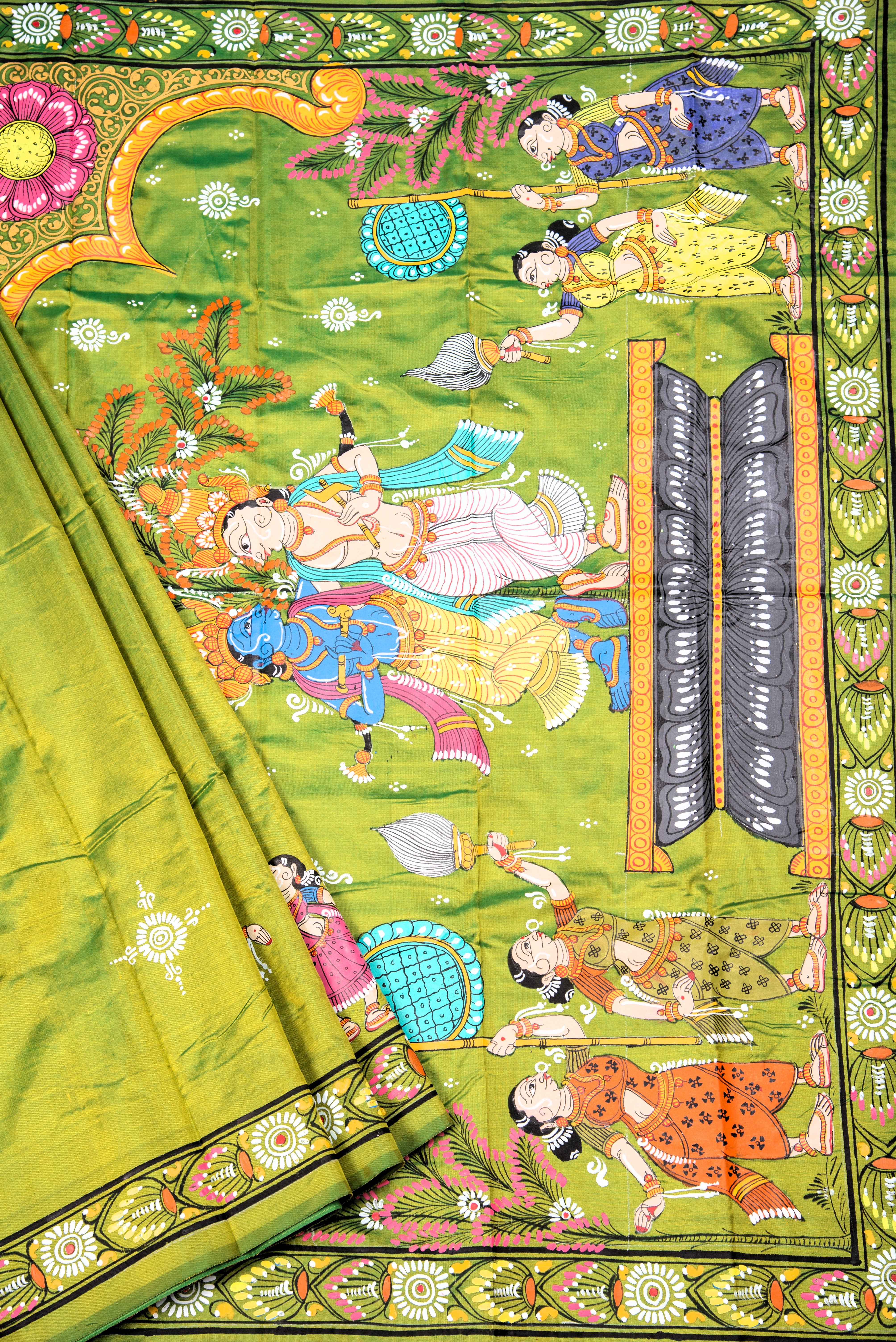 Pattachitra hand painted saree on pure silk - Krishna Balram Theme