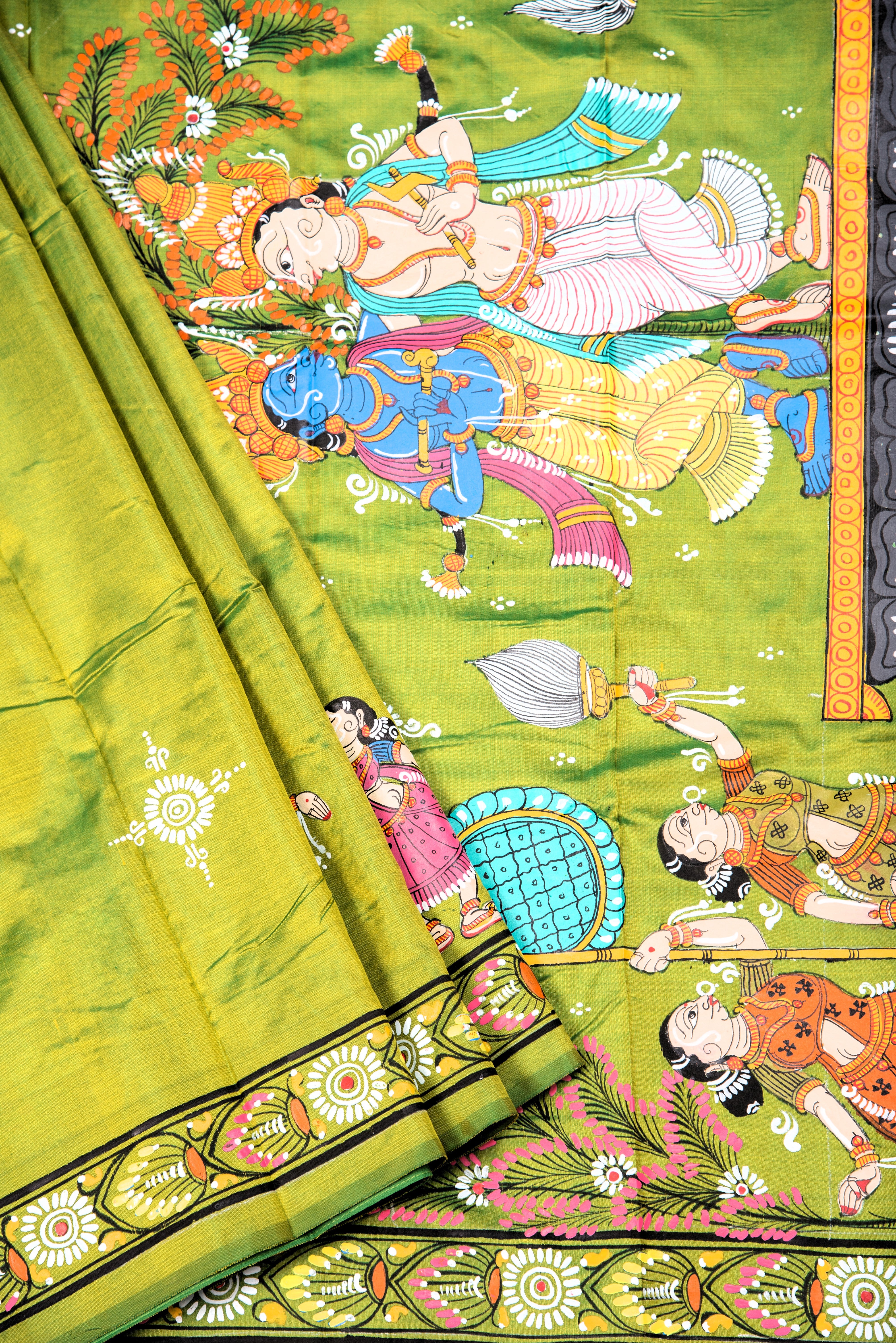 Pattachitra hand painted saree on pure silk - Krishna Balram Theme