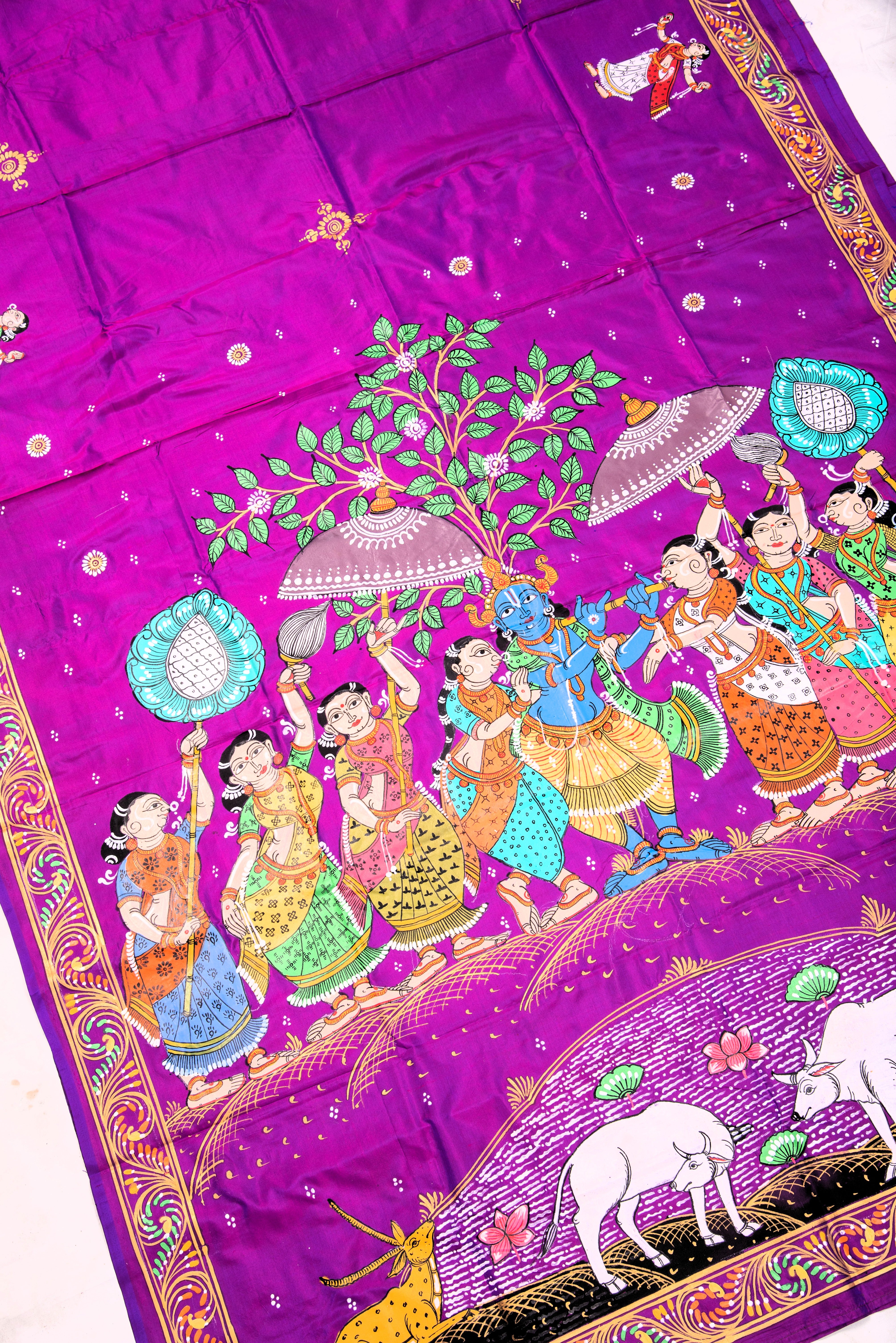 Pattachitra hand painted saree on pure silk - Krishna with gopi theme
