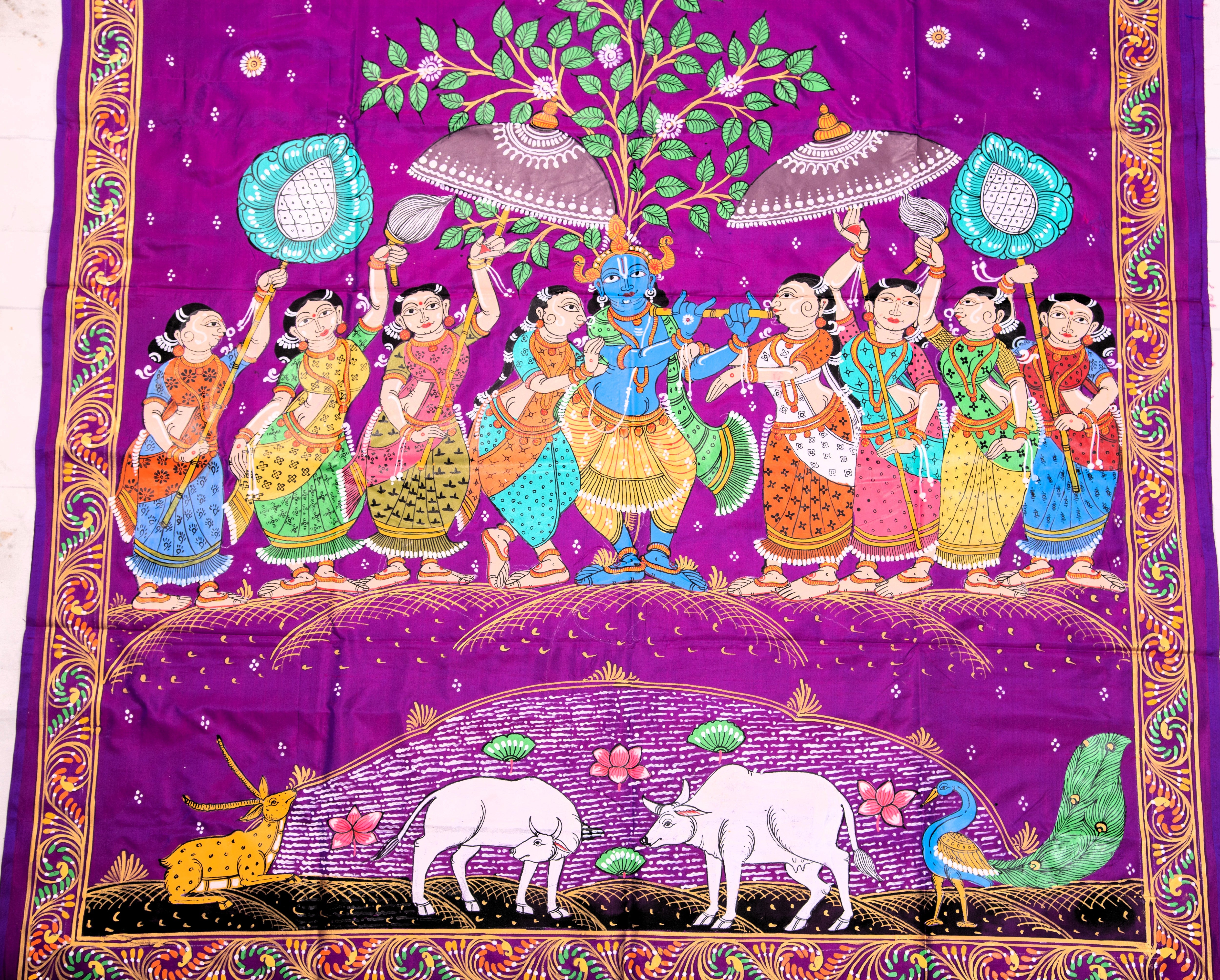 Pattachitra hand painted saree on pure silk - Krishna with gopi theme