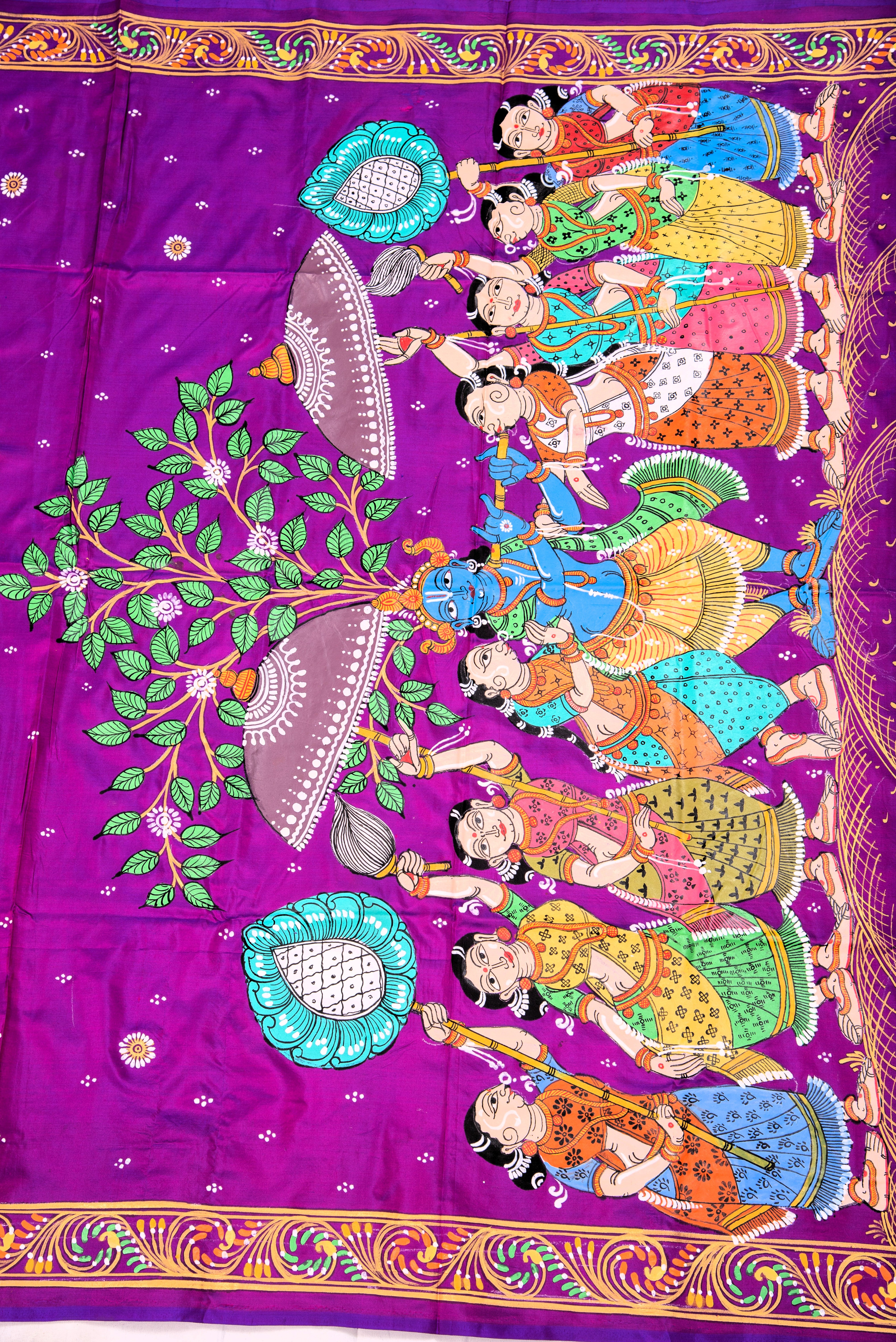 Pattachitra hand painted saree on pure silk - Krishna with gopi theme