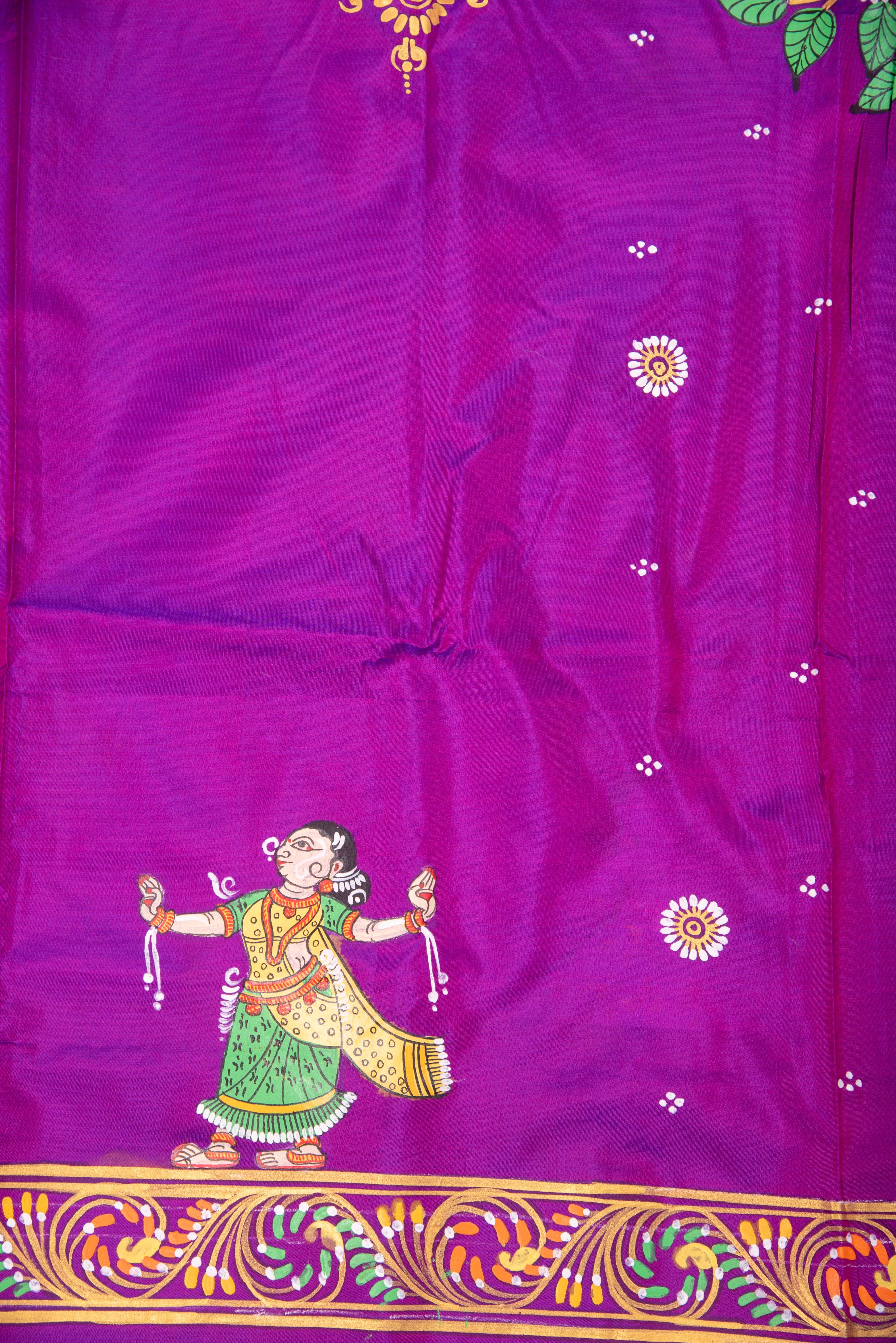 Pattachitra hand painted saree on pure silk - Krishna with gopi theme