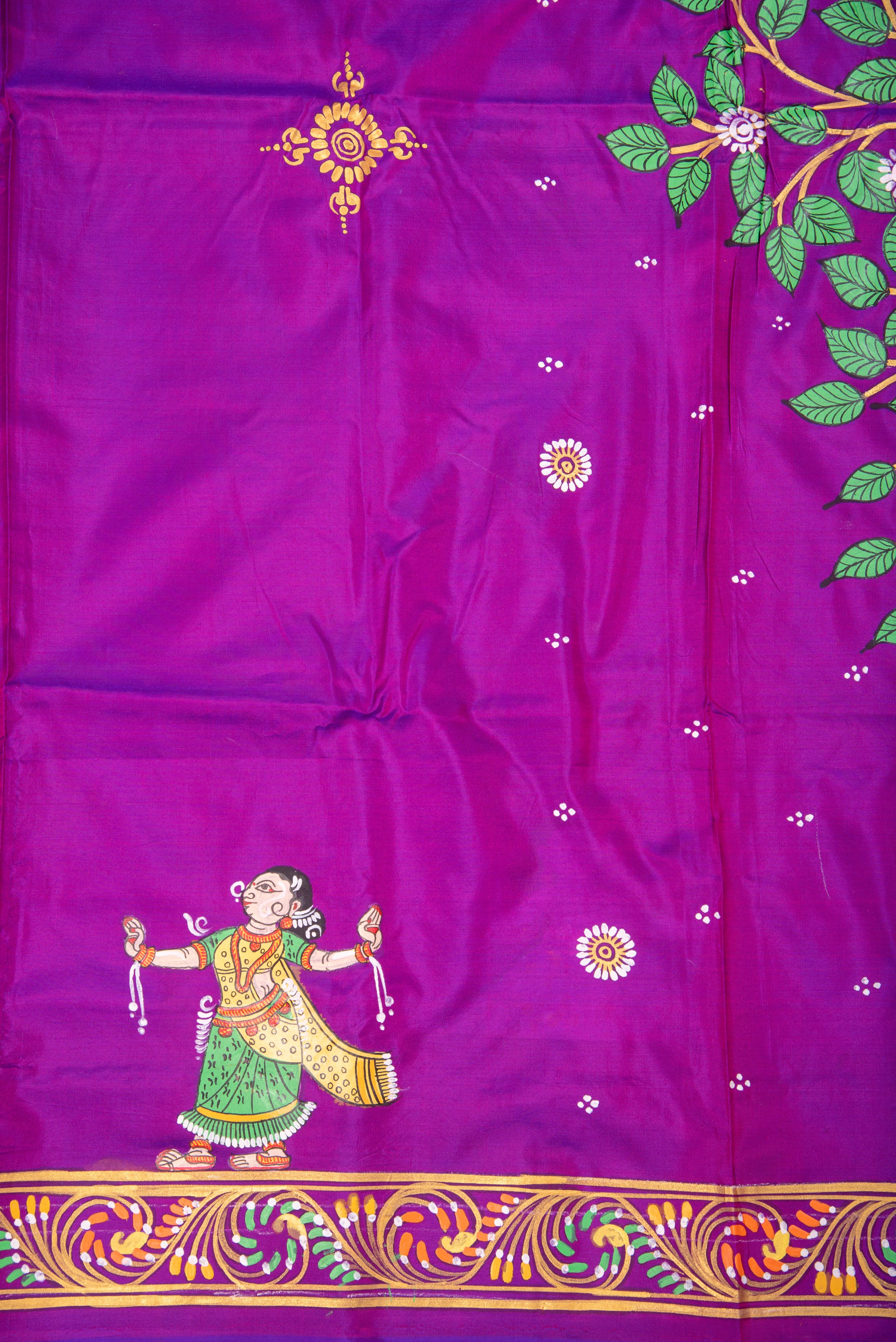 Pattachitra hand painted saree on pure silk - Krishna with gopi theme
