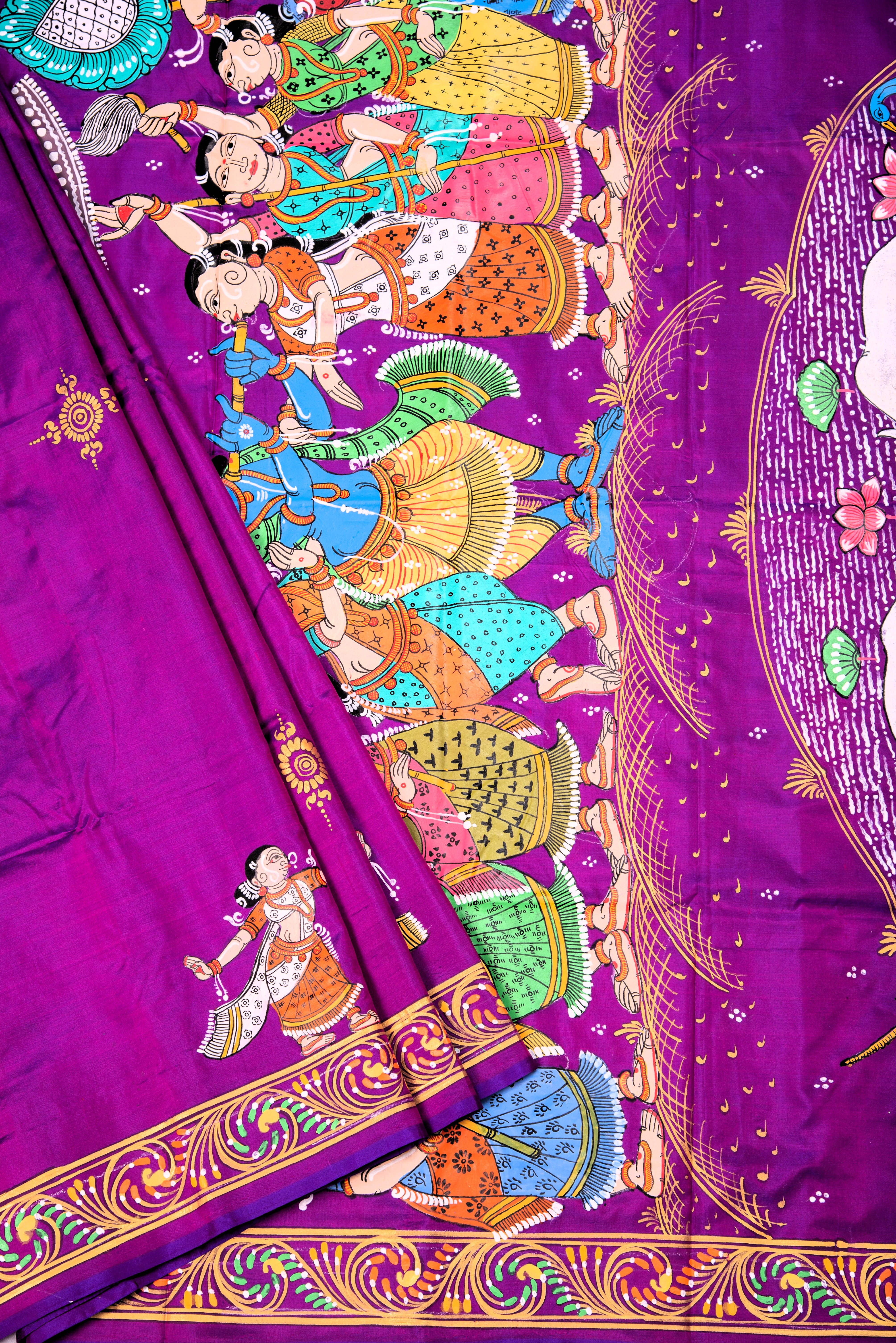 Pattachitra hand painted saree on pure silk - Krishna with gopi theme