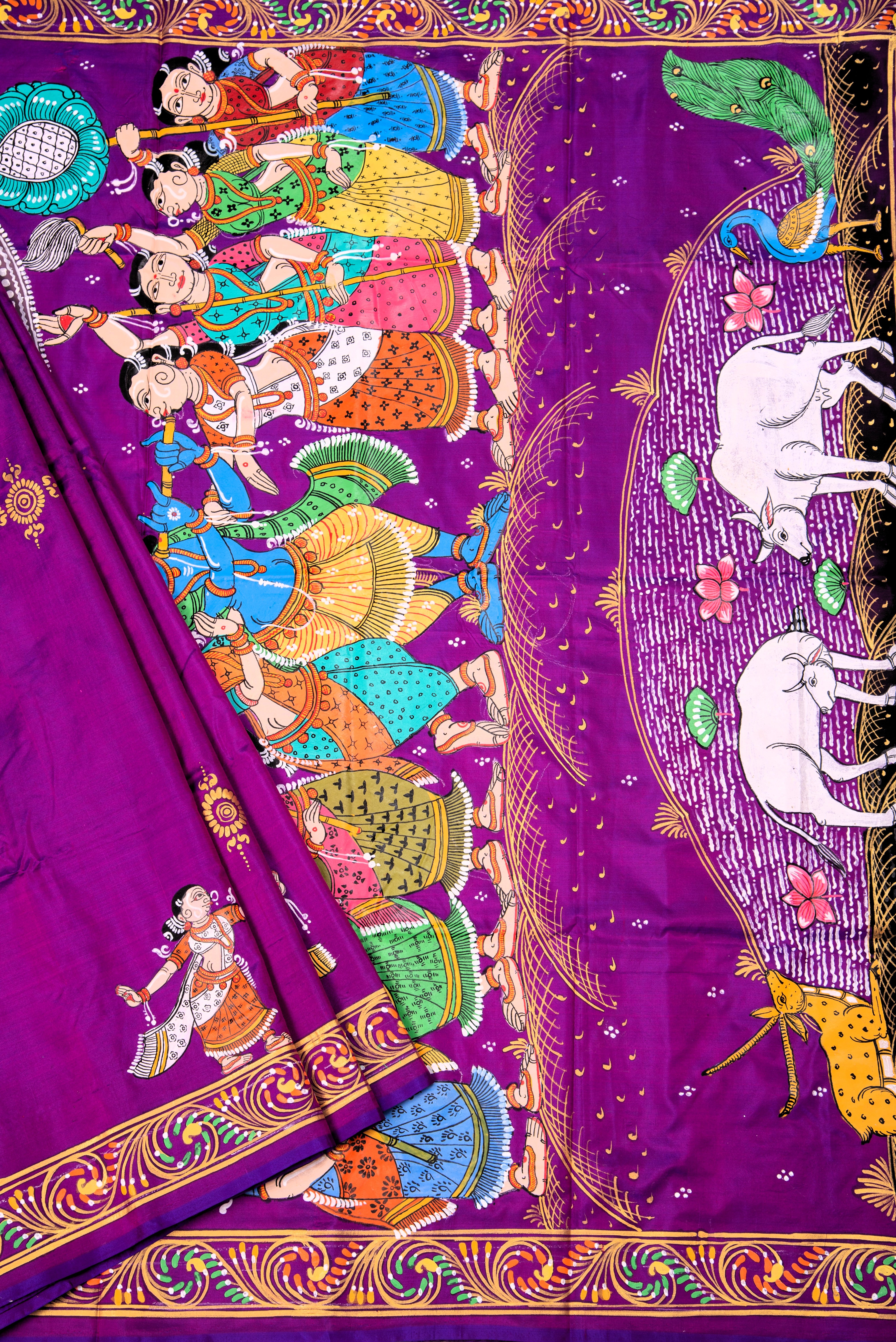 Pattachitra hand painted saree on pure silk - Krishna with gopi theme