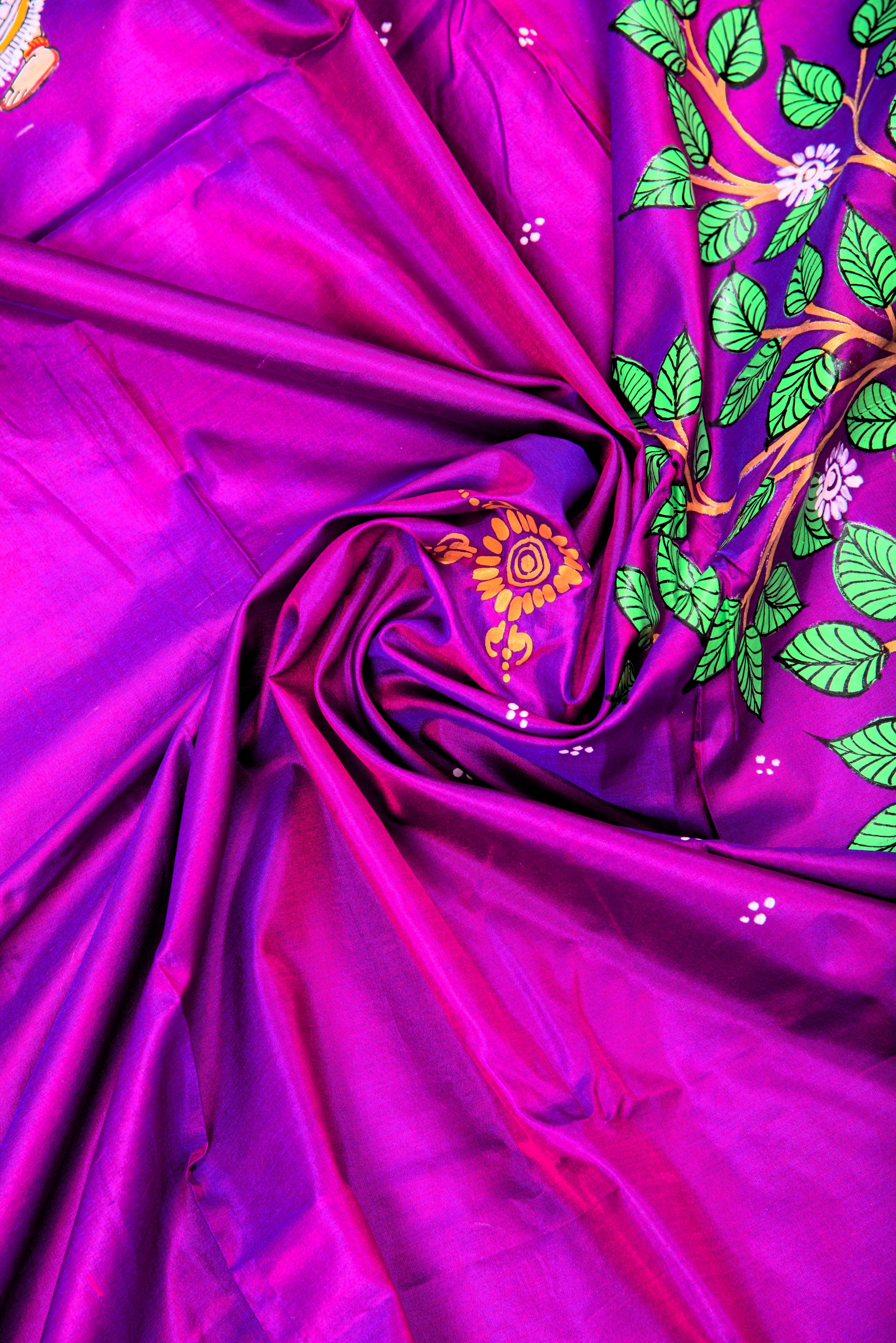 Pattachitra hand painted saree on pure silk - Krishna with gopi theme