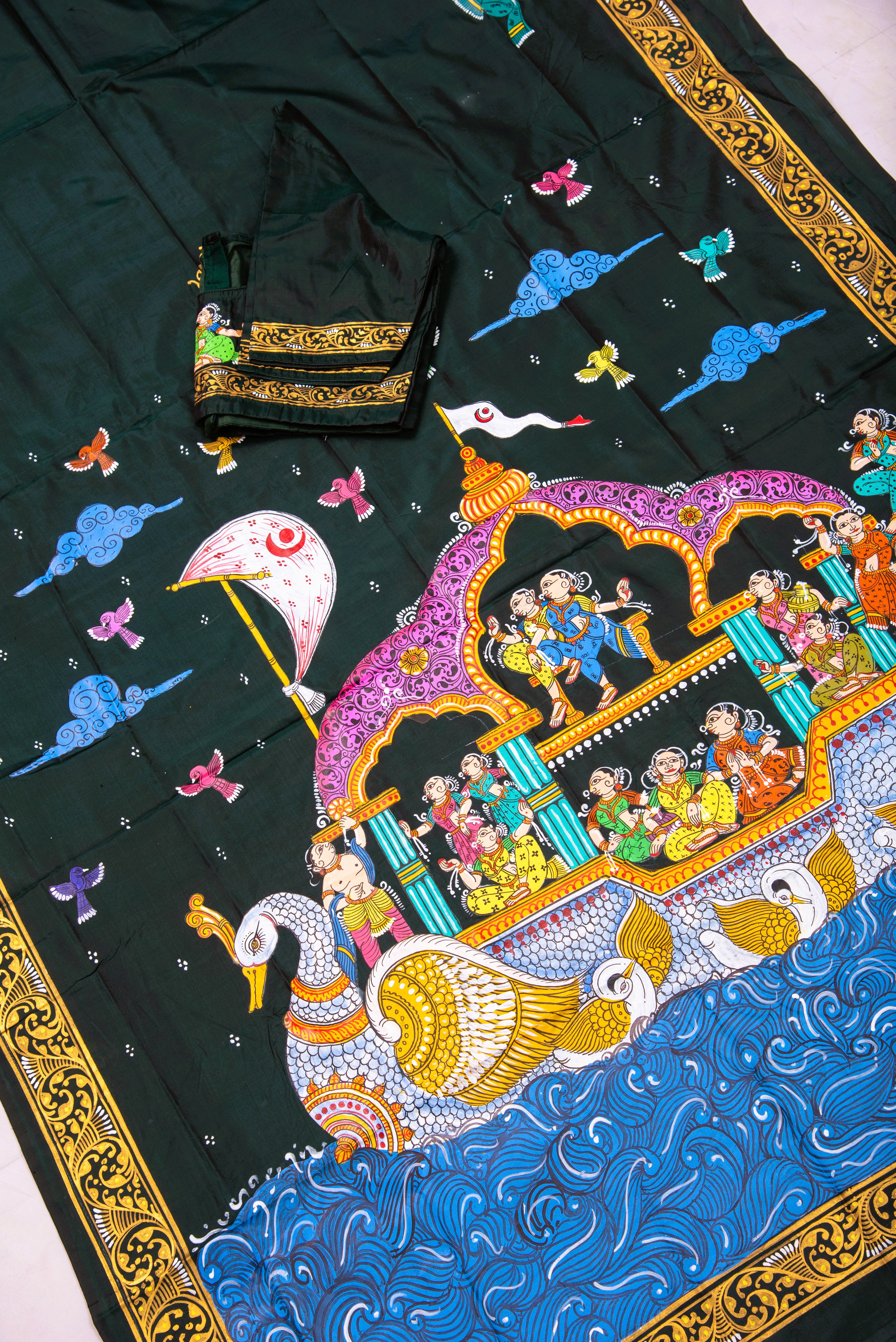 Pattachitra hand painted saree on pure silk - Nartaki Naukavihar Theme