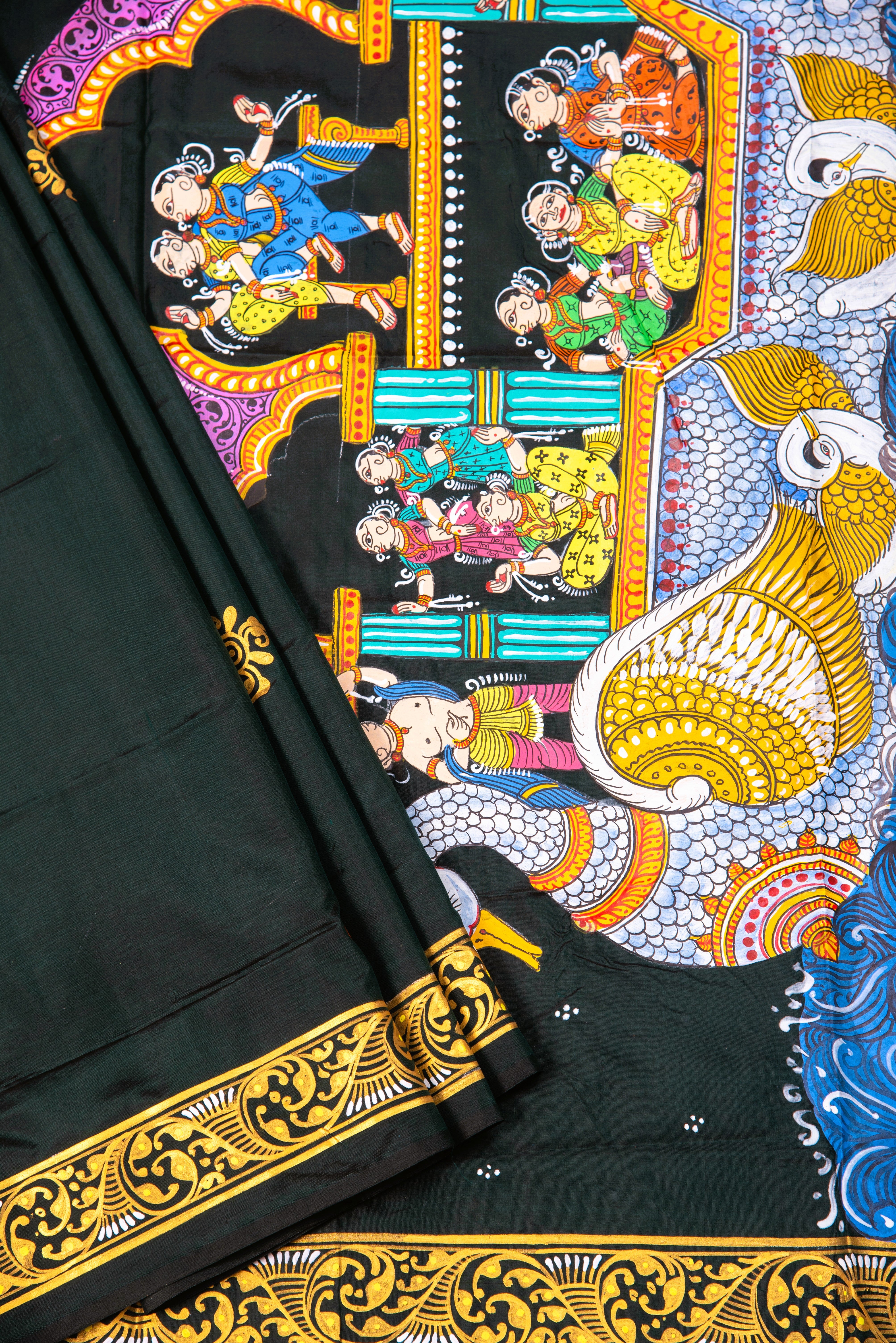 Pattachitra hand painted saree on pure silk - Nartaki Naukavihar Theme