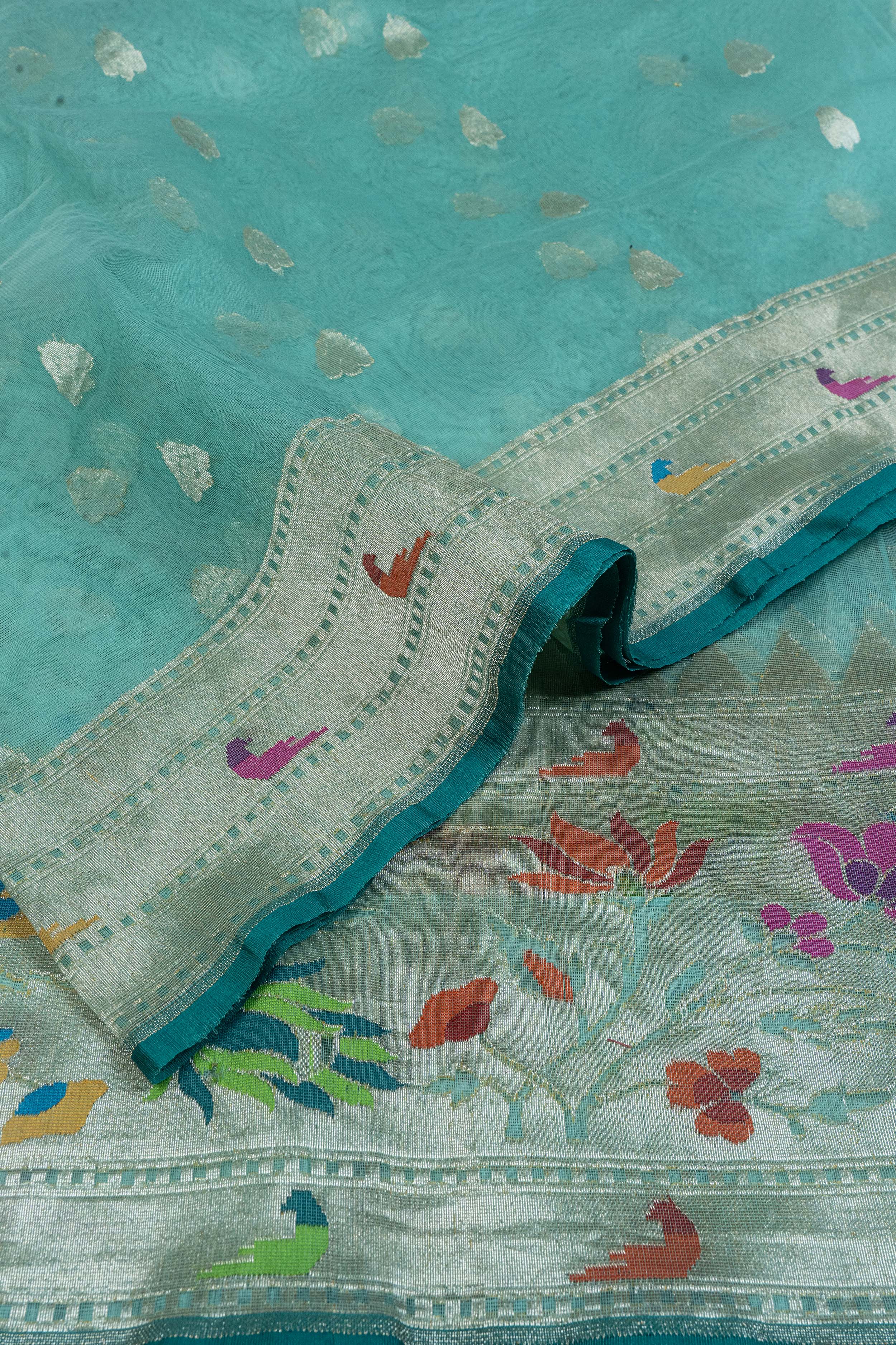 Banarasi Net Jamdani with Paithani border Saree - sea green