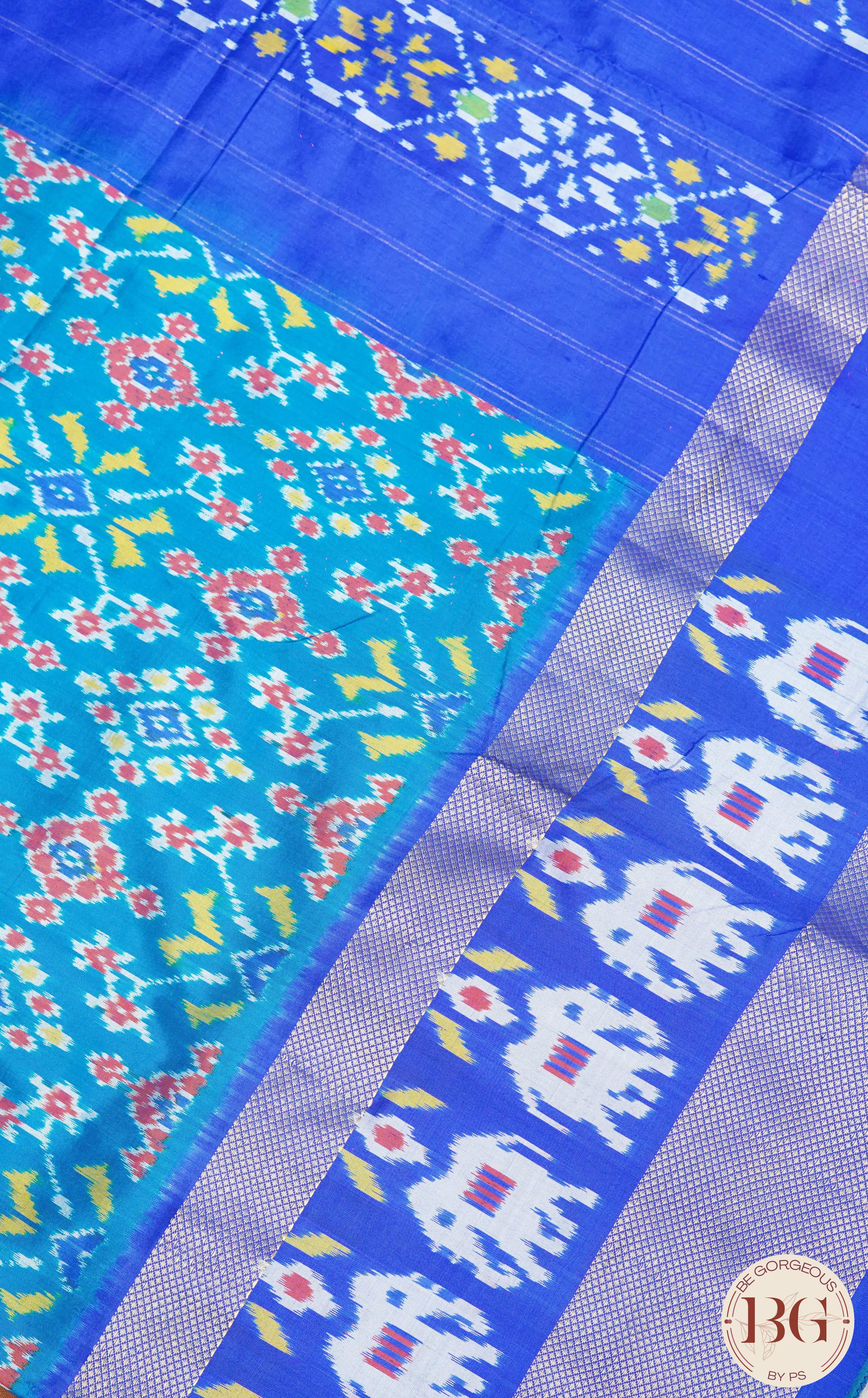 Ikkat Pure silk handloom saree with elephant on border - Blue