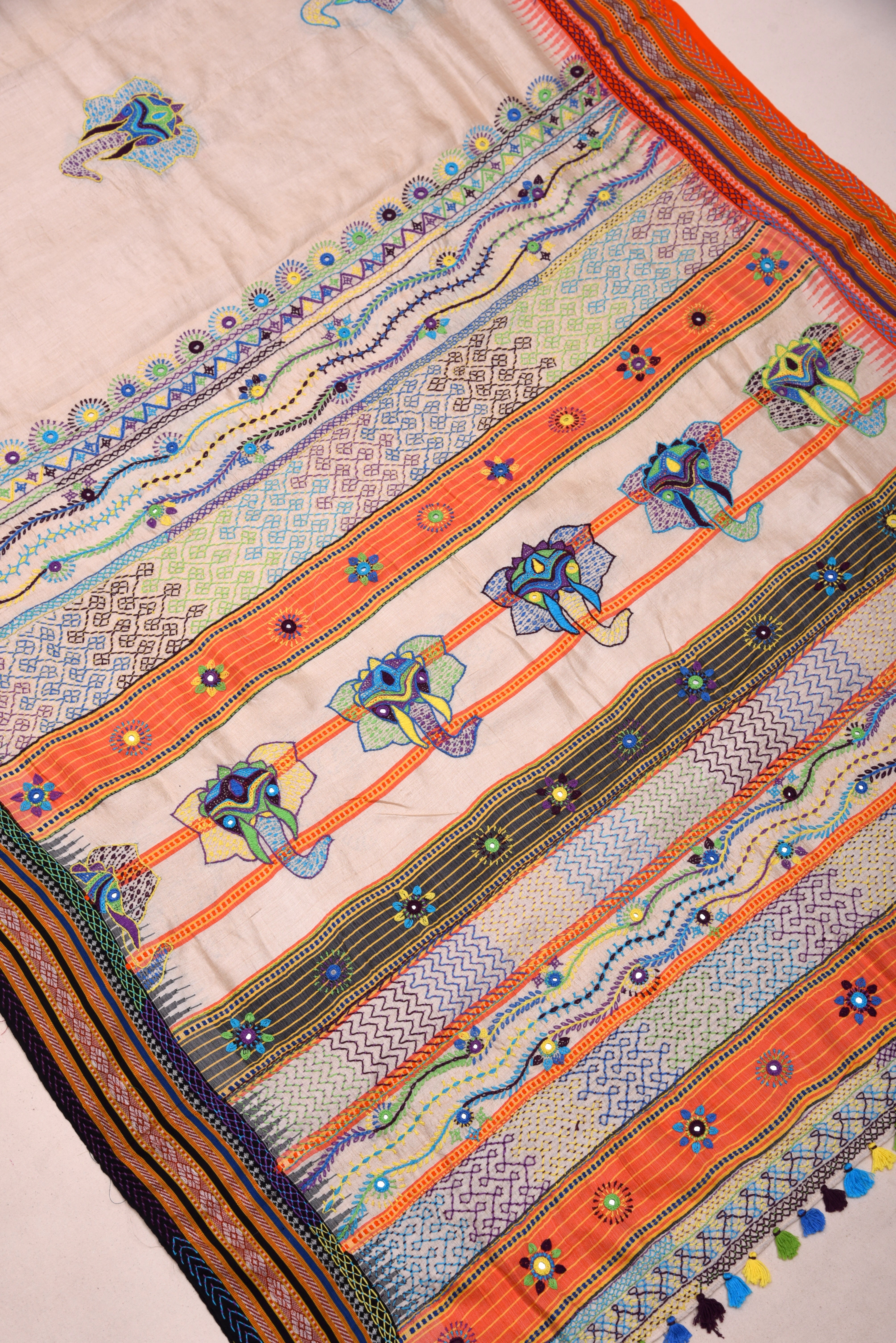Lambani Hand Embroidered Vidharba Tussar Saree with elephant theme