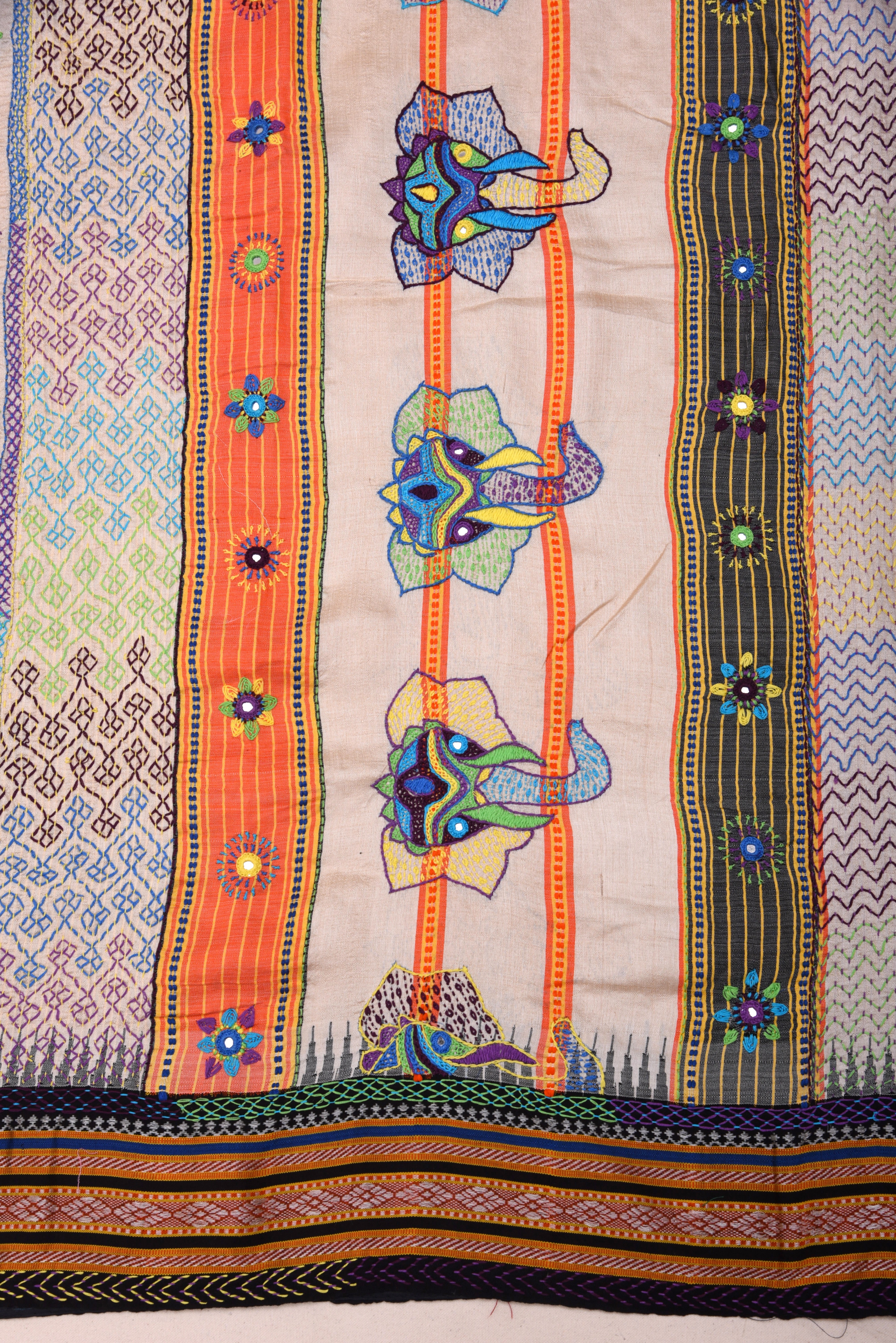 Lambani Hand Embroidered Vidharba Tussar Saree with elephant theme