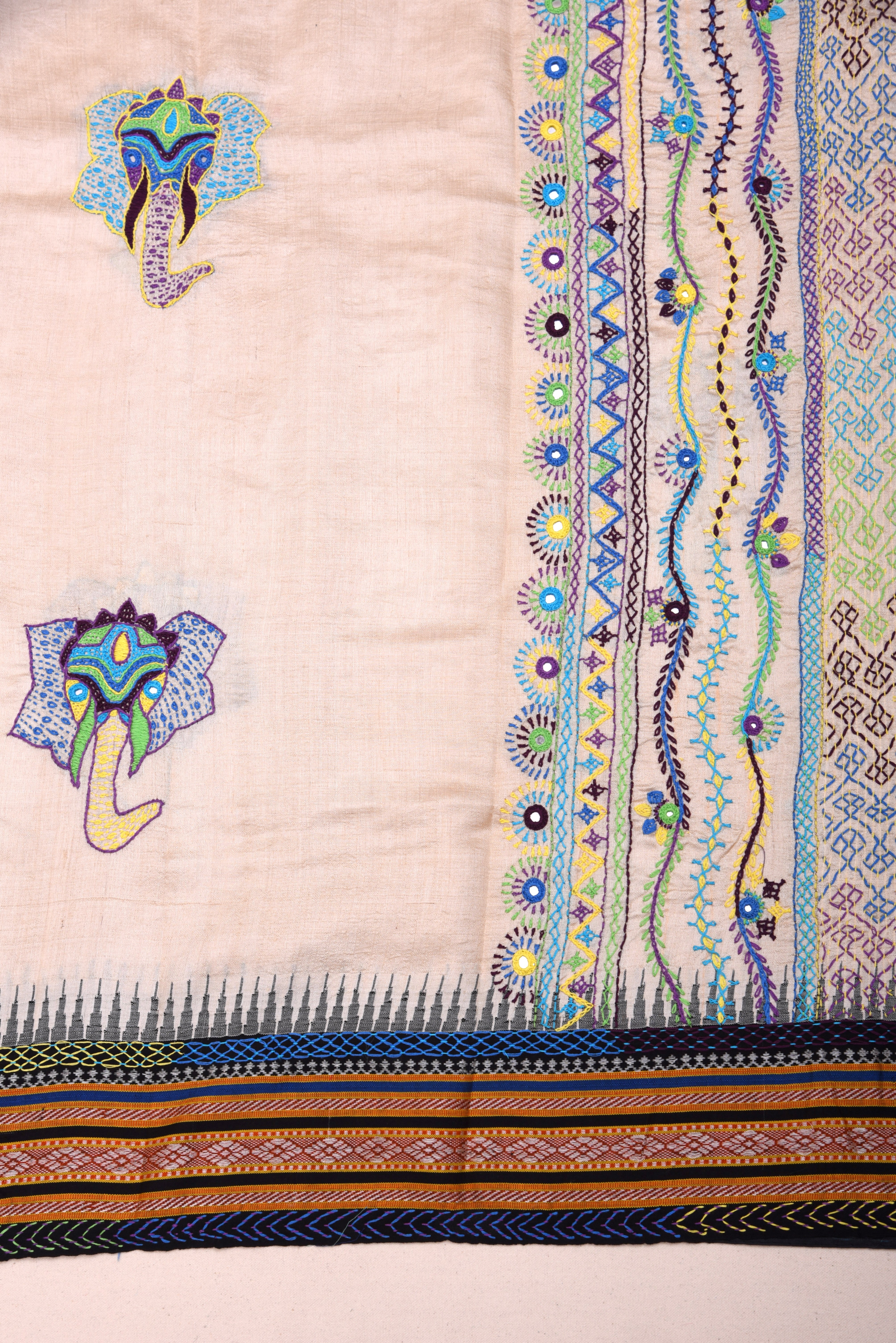 Lambani Hand Embroidered Vidharba Tussar Saree with elephant theme