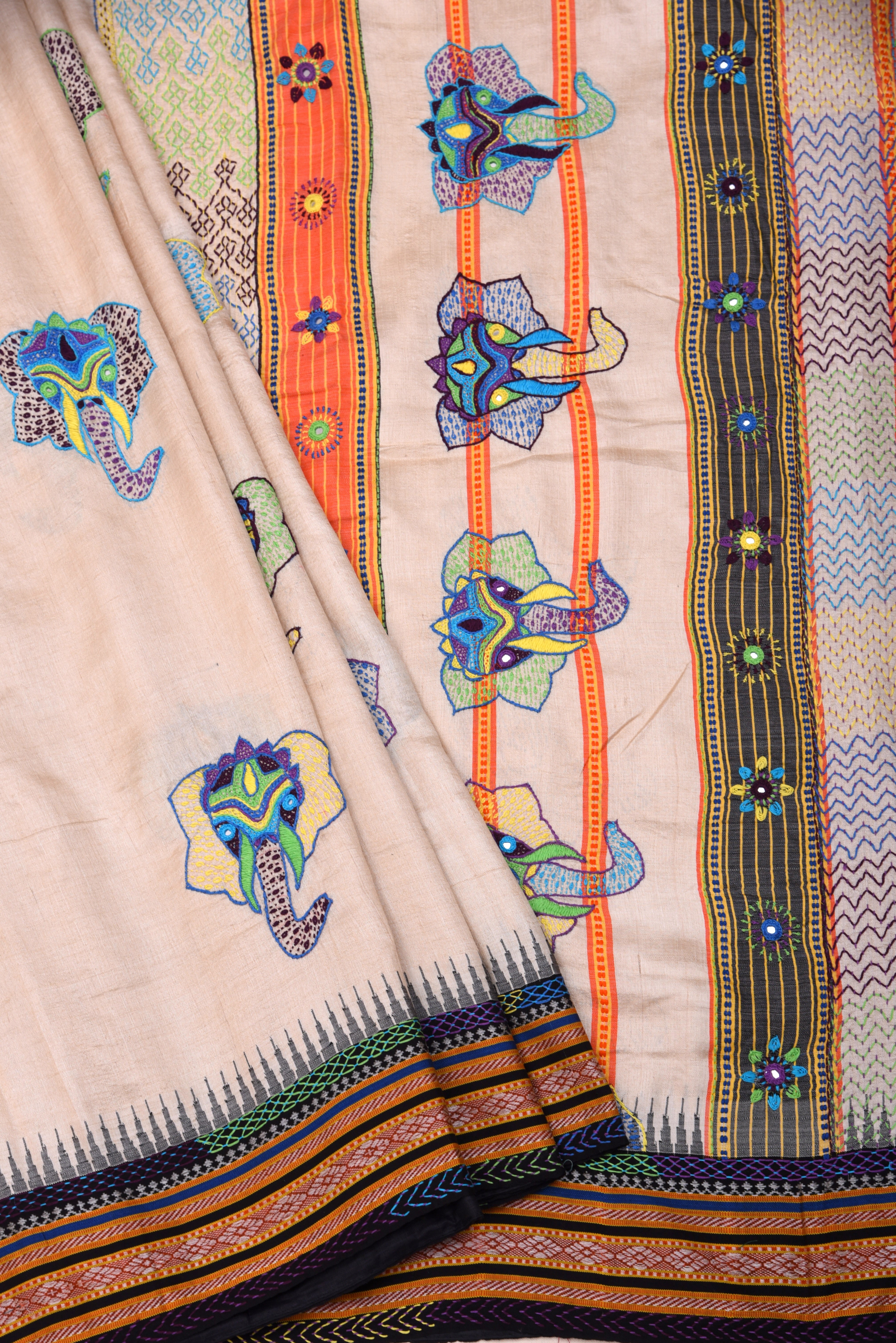 Lambani Hand Embroidered Vidharba Tussar Saree with elephant theme