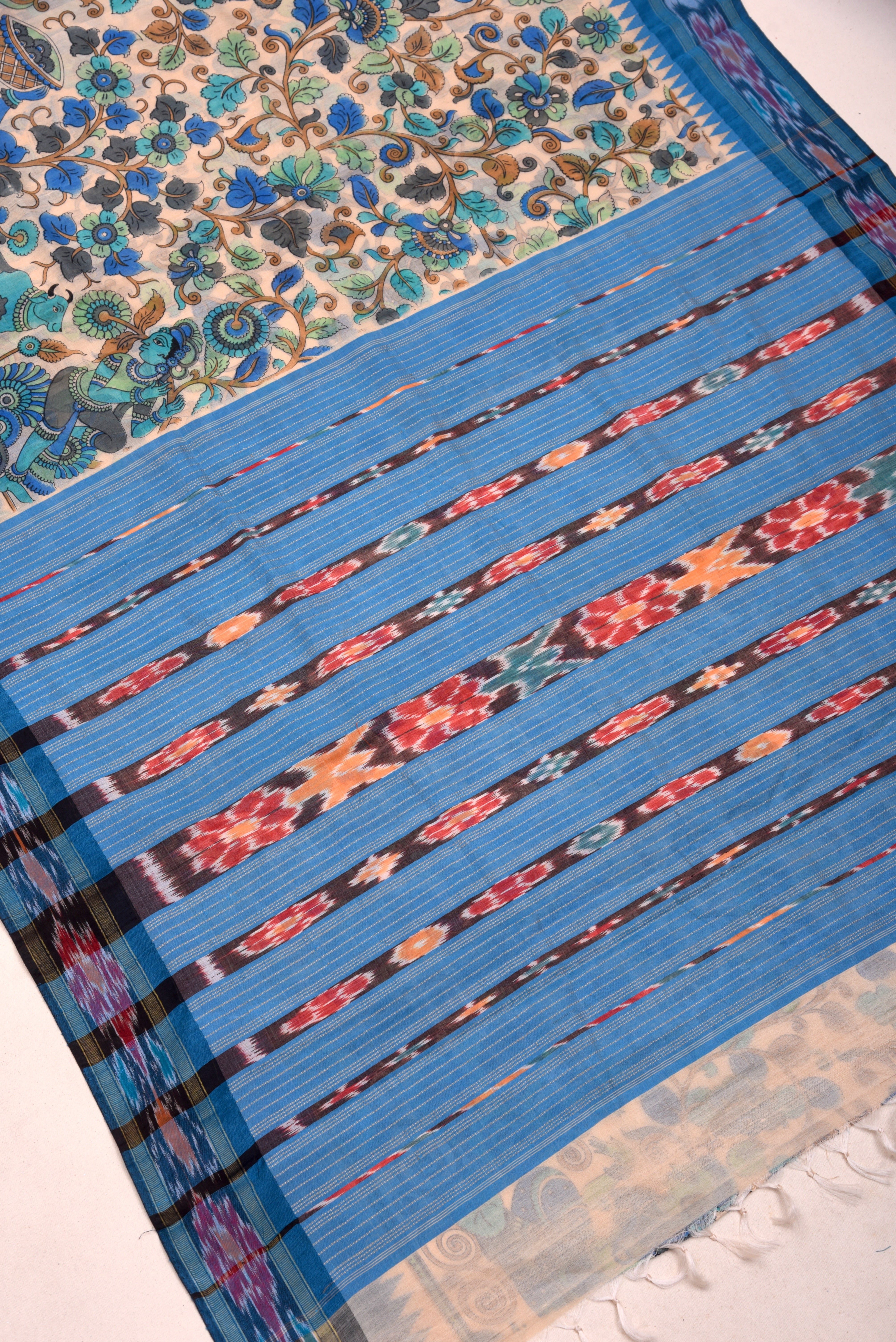 Raw Silk handloom printed saree with ikkat border