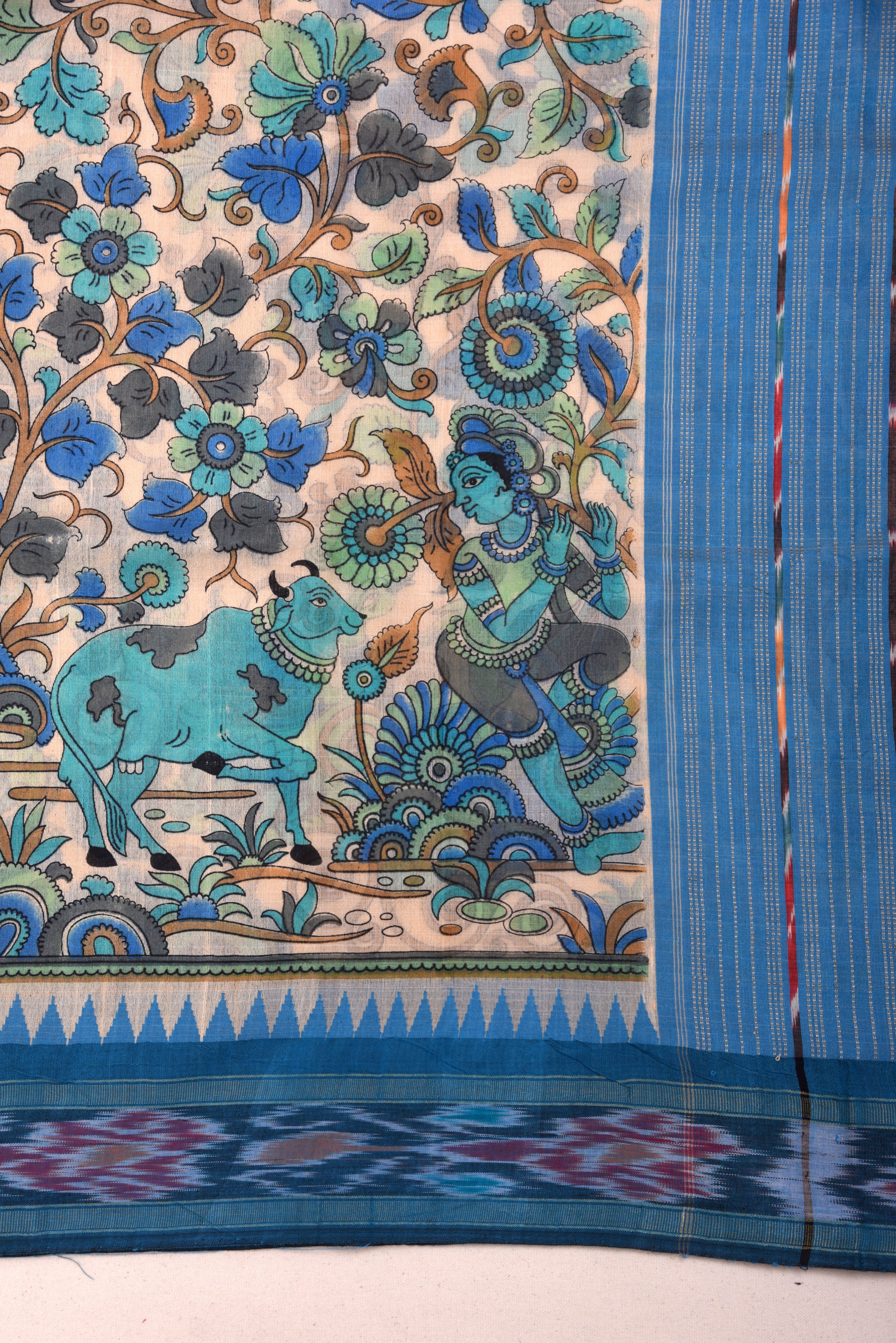 Raw Silk handloom printed saree with ikkat border