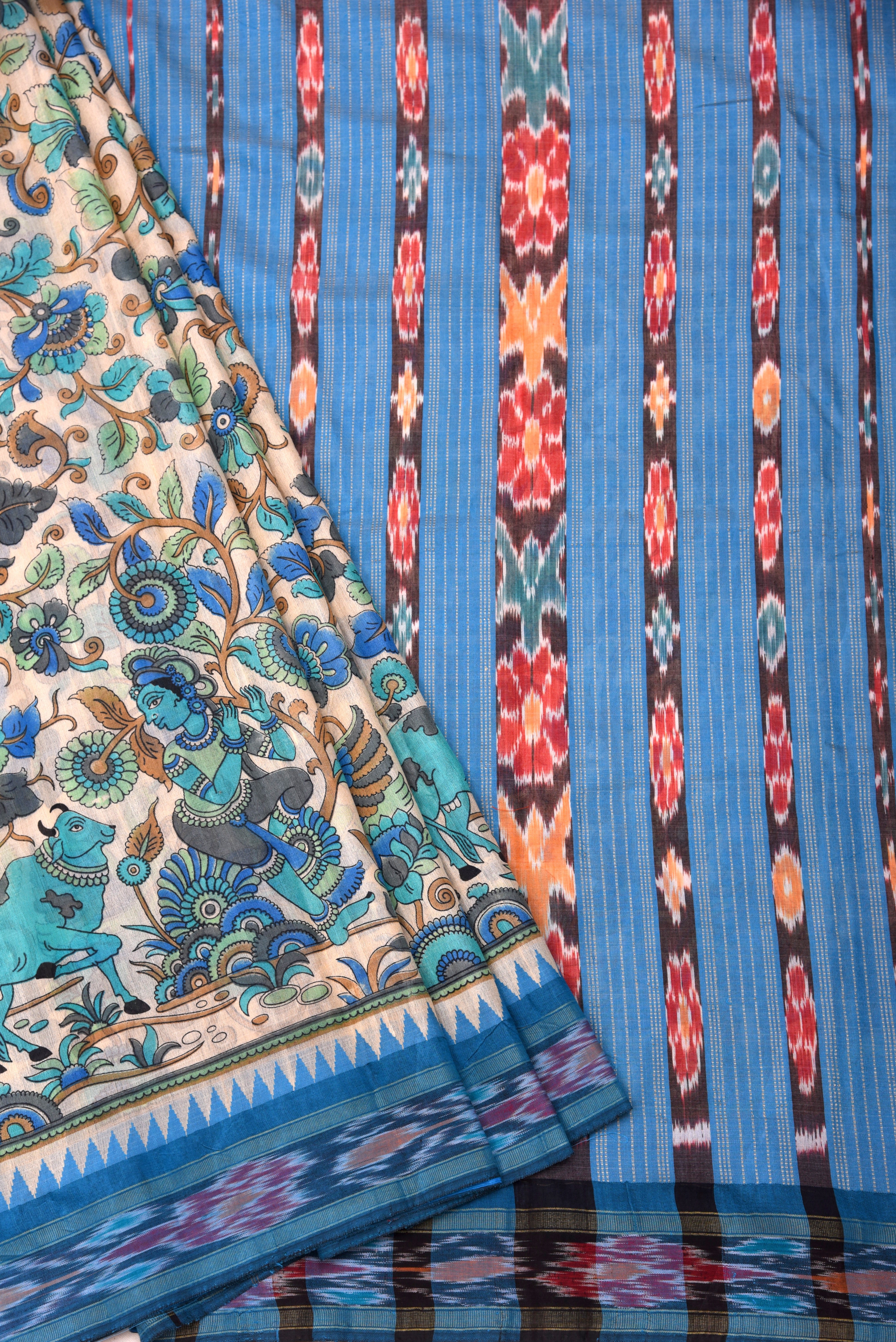 Raw Silk handloom printed saree with ikkat border