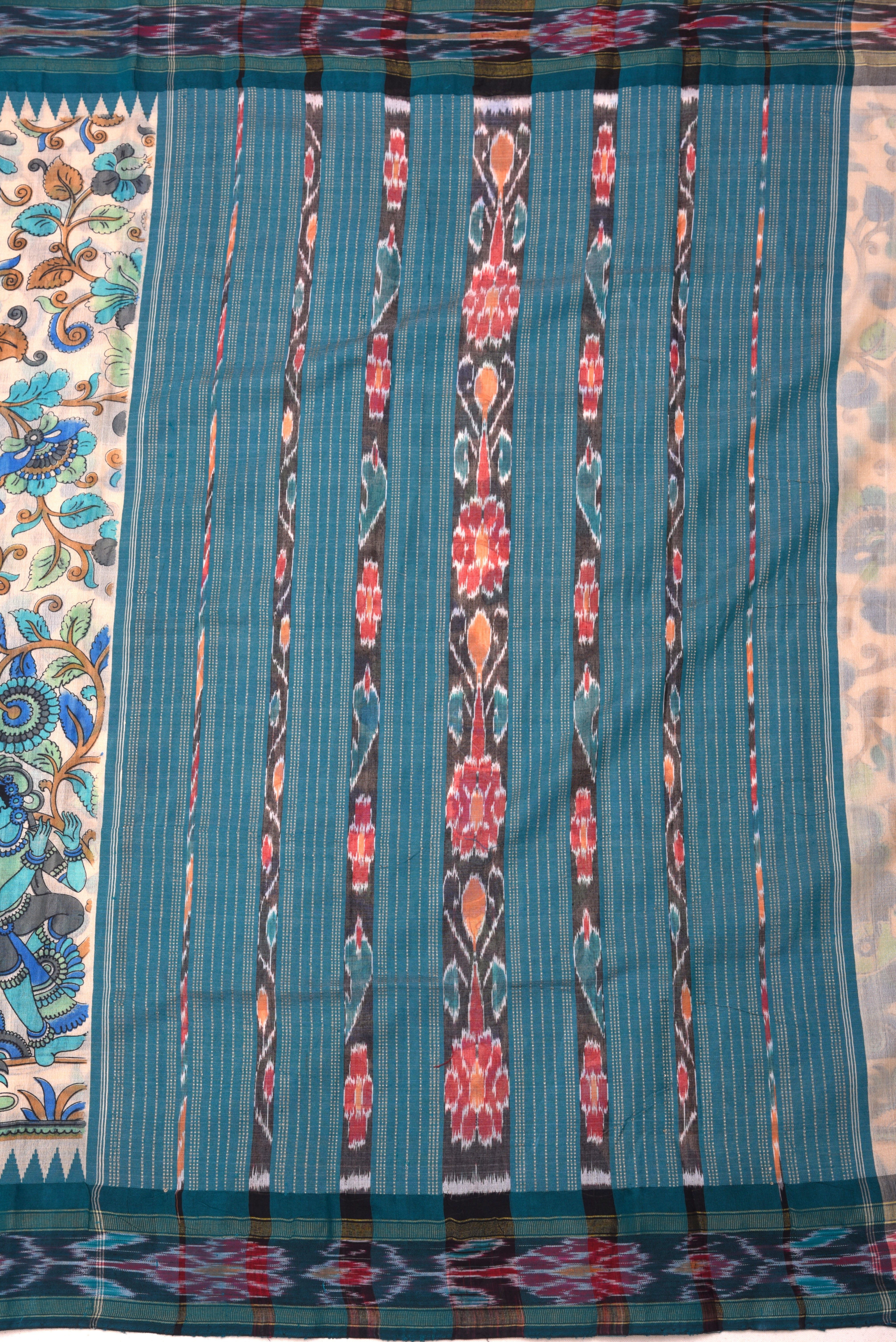Raw Silk handloom printed saree with ikkat border