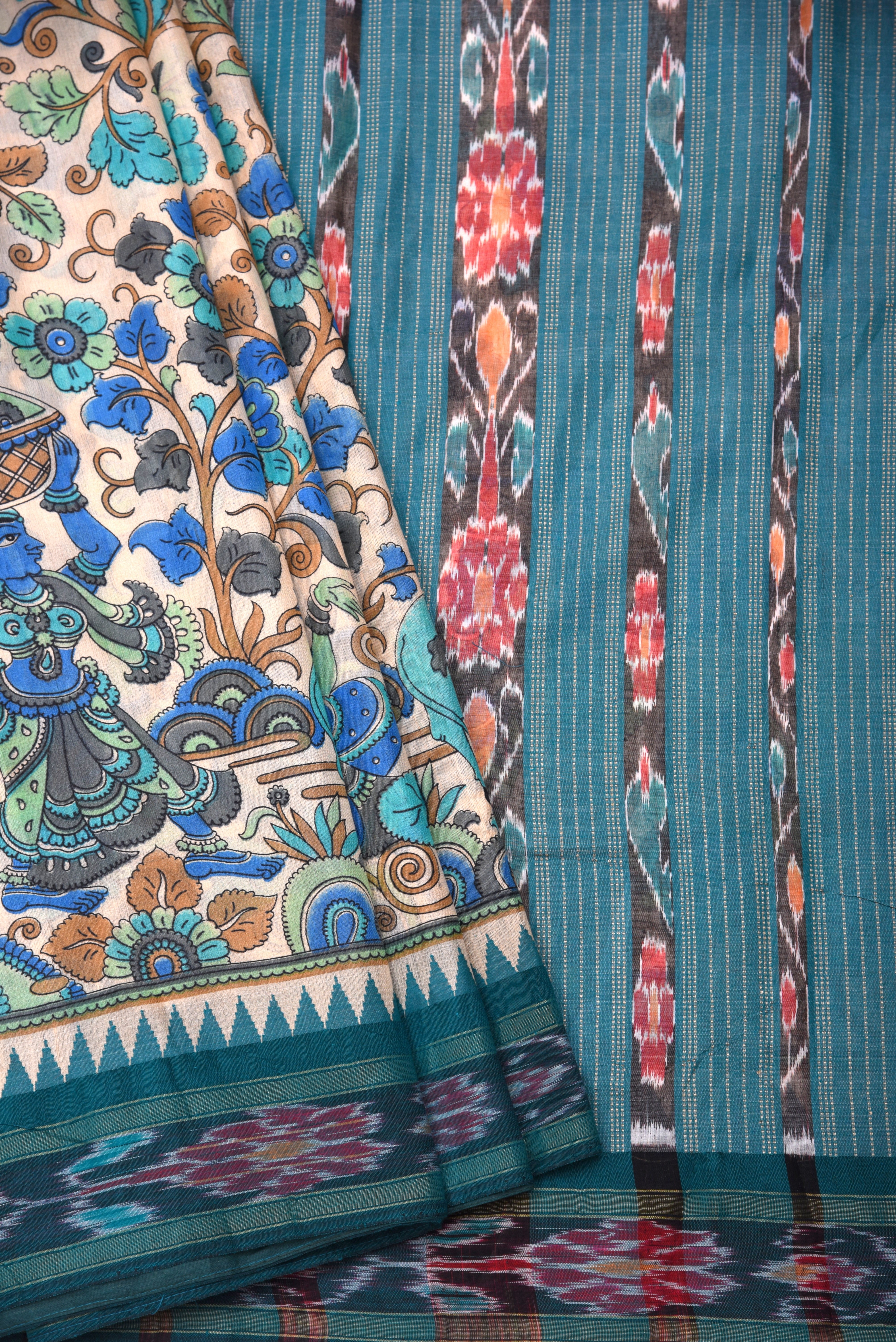 Raw Silk handloom printed saree with ikkat border