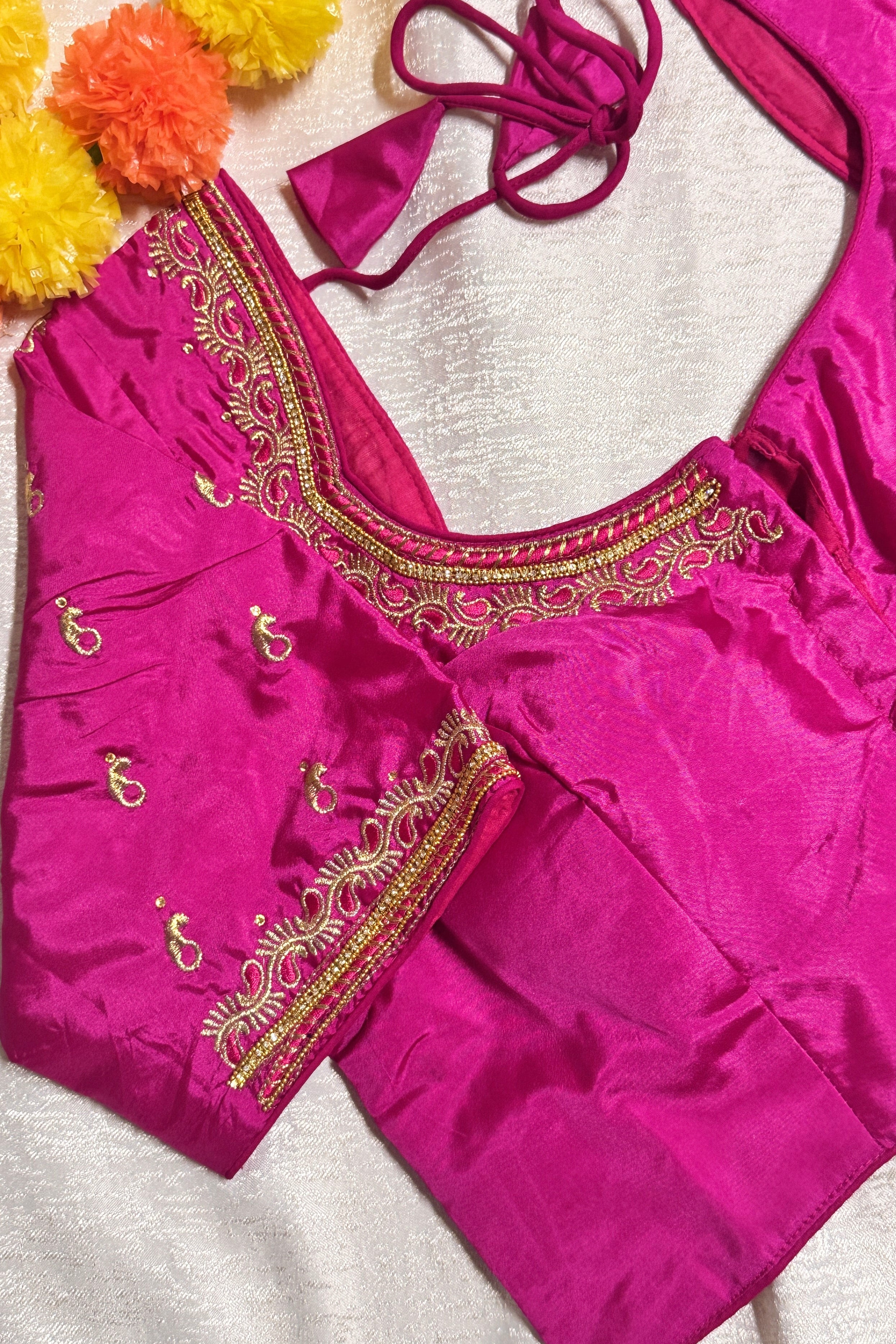 Maggam Work Readymade Padded Blouse front hooks with sleeves