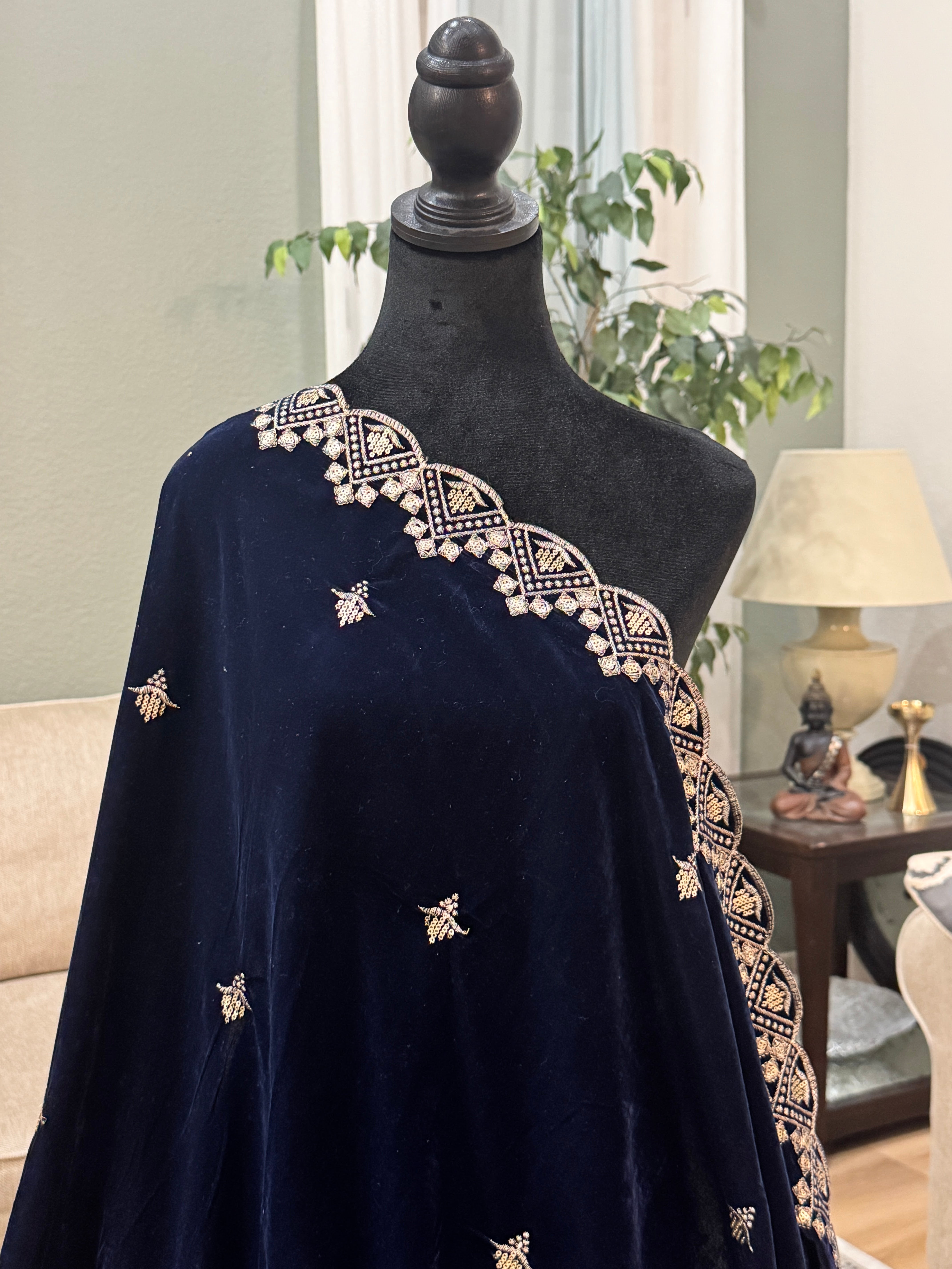 Velvet Sequence Cutwork dupatta - blue
