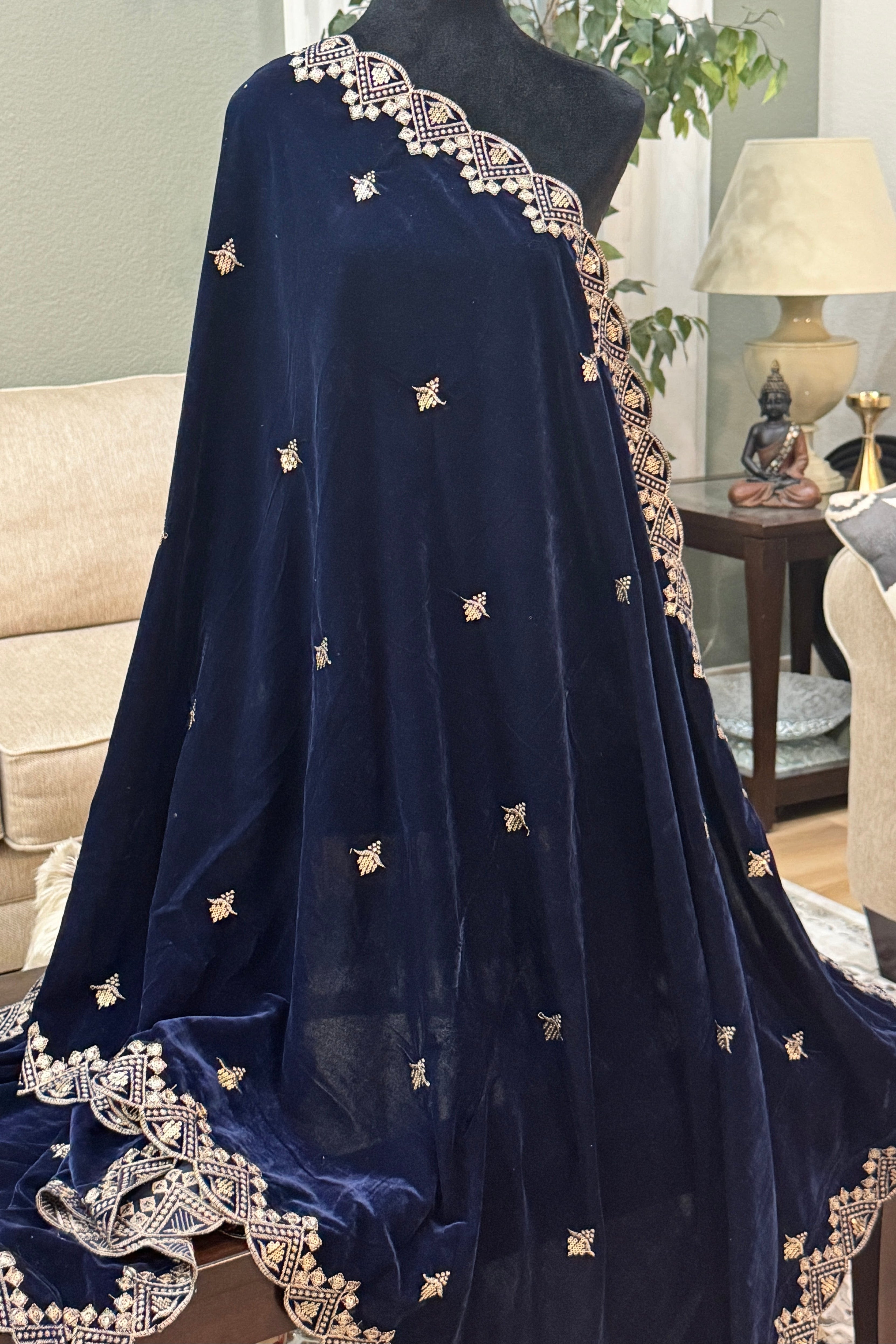 Velvet Sequence Cutwork dupatta - blue