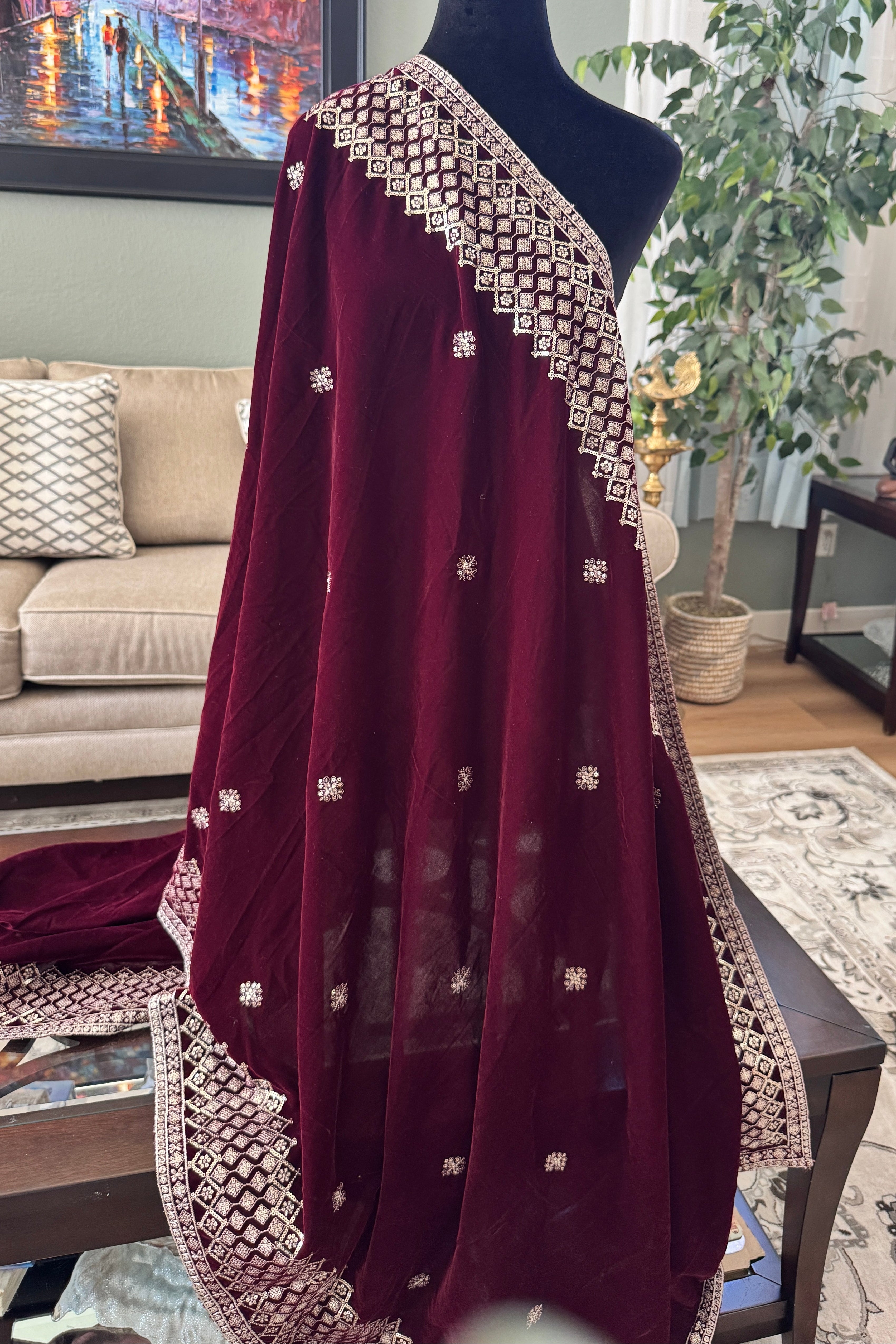 Velvet Sequence Border dupatta - wine