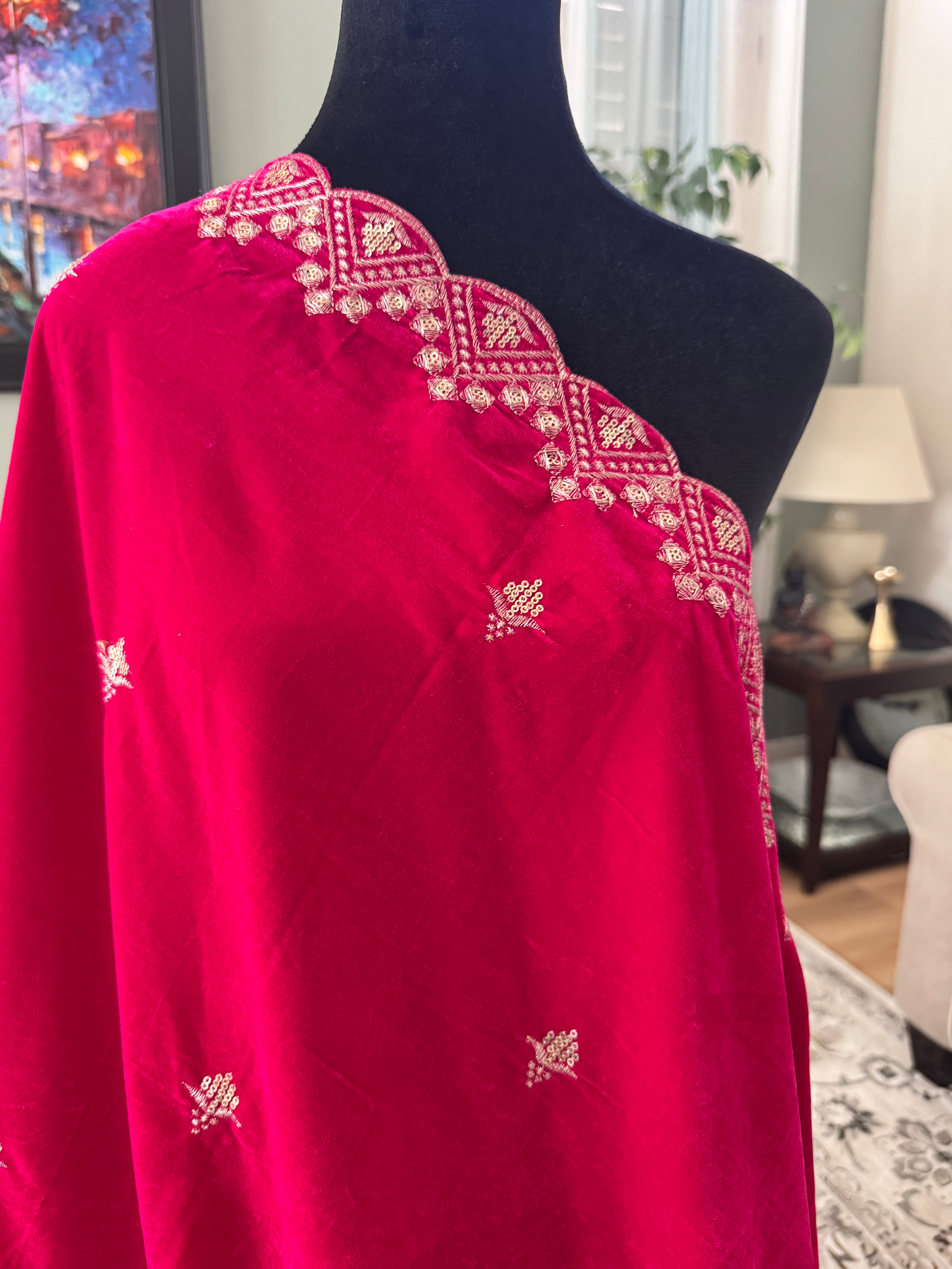 Velvet Sequence Cutwork dupatta - pink