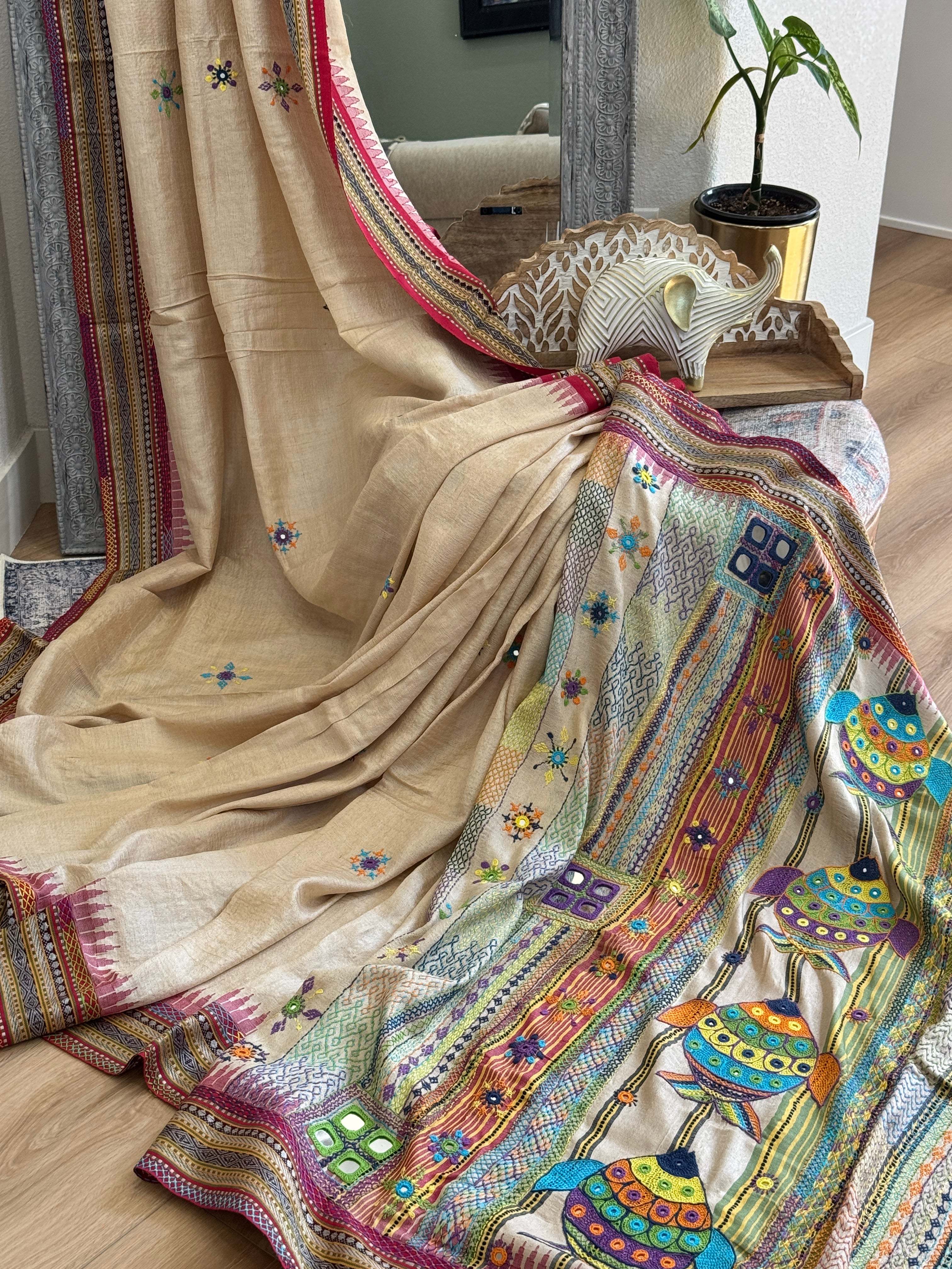 Lambani Hand Embroidered Vidharba Tussar Saree - red