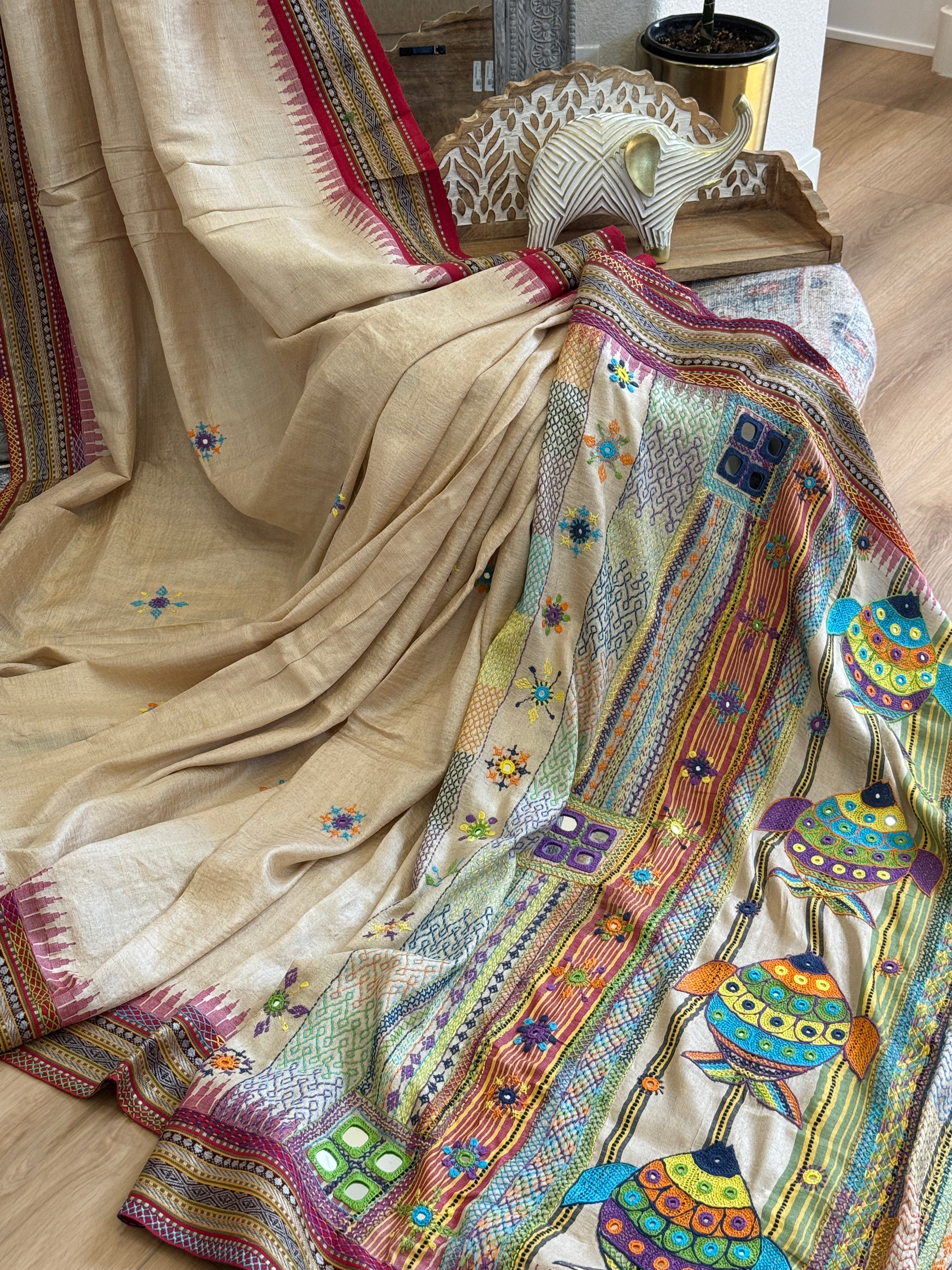 Lambani Hand Embroidered Vidharba Tussar Saree - red