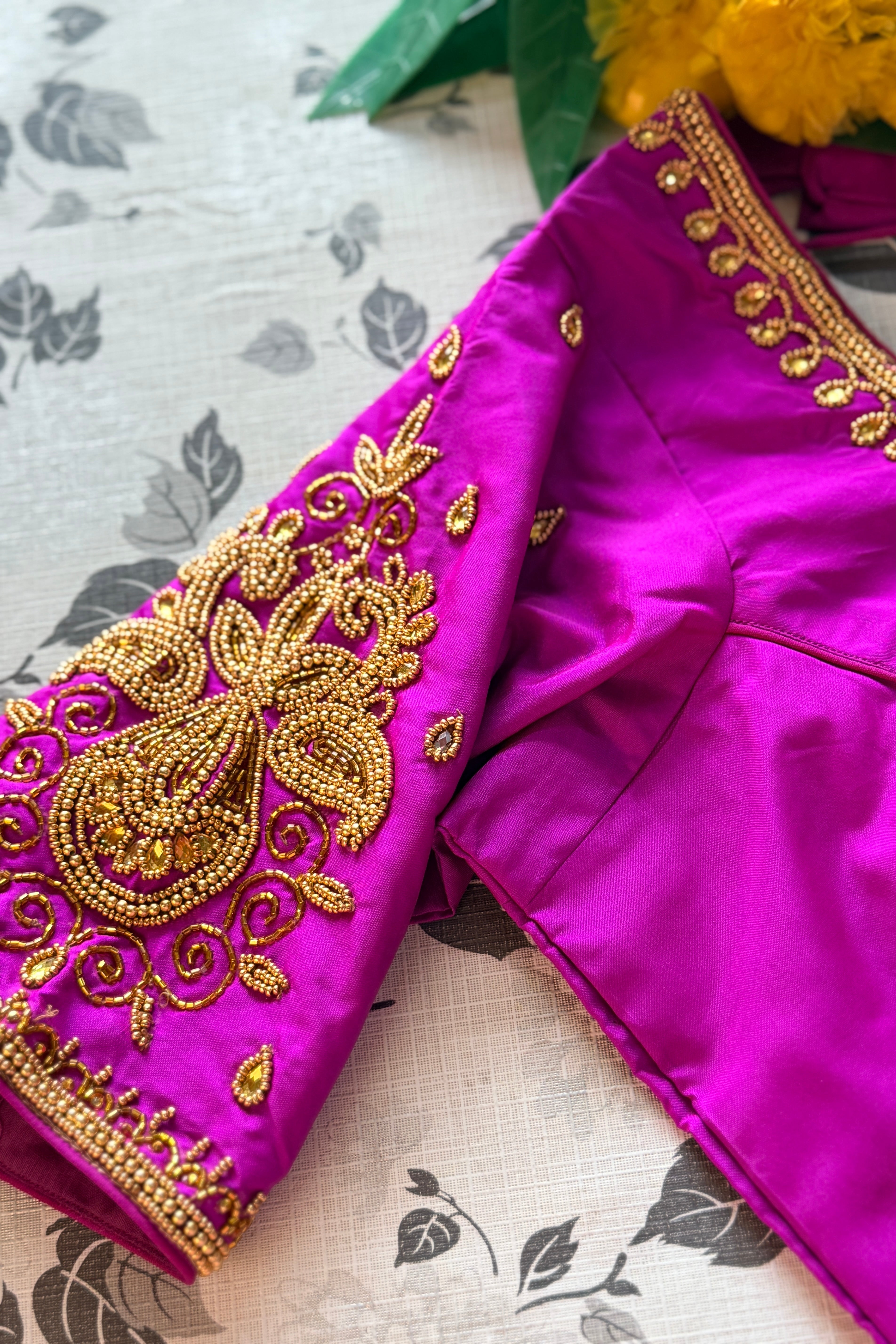 Maggam Work Readymade Padded Blouse front hooks with sleeves