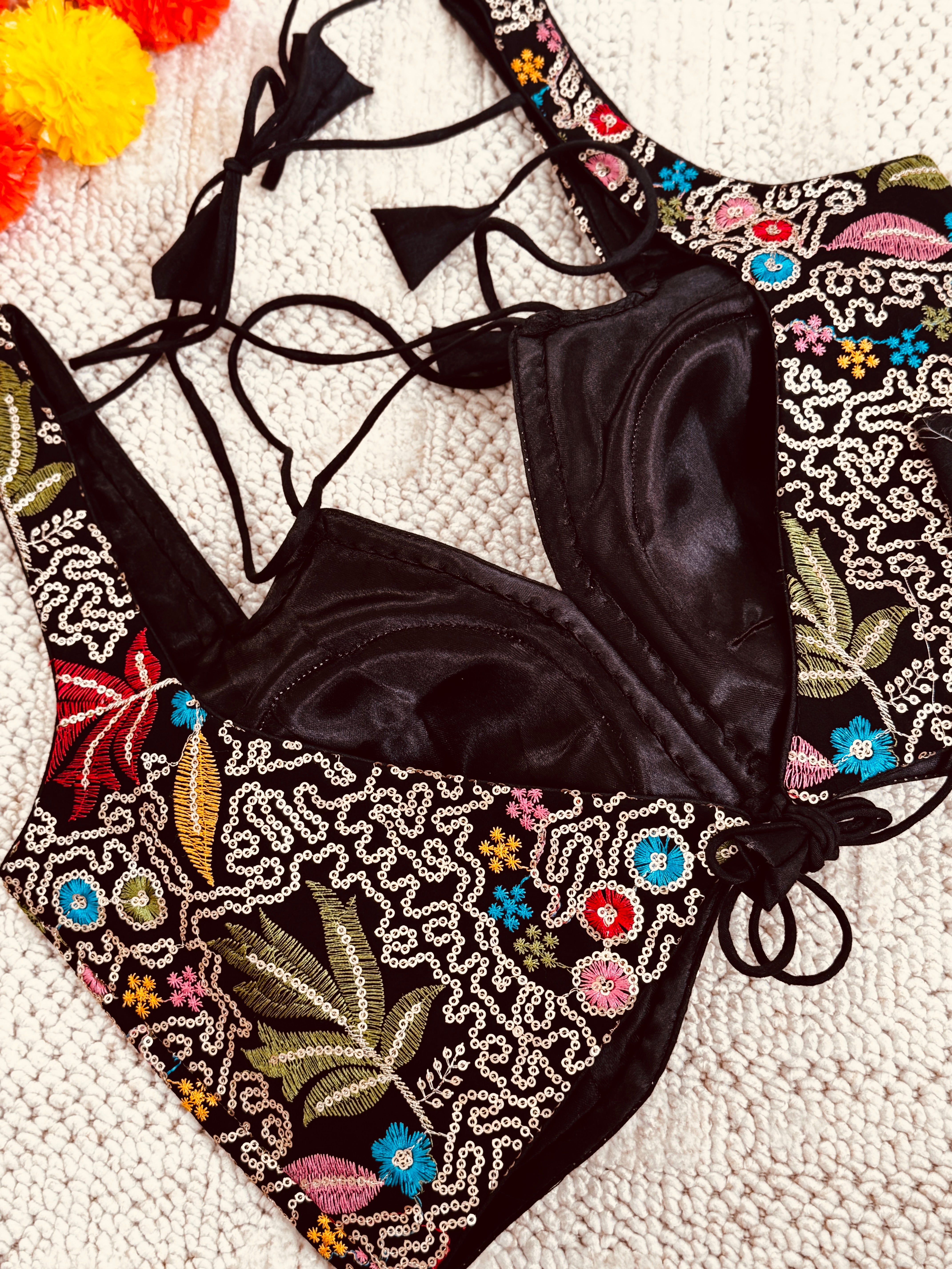 Raw Silk Masaba Style Readymade Padded Blouse Back dori without sleeves