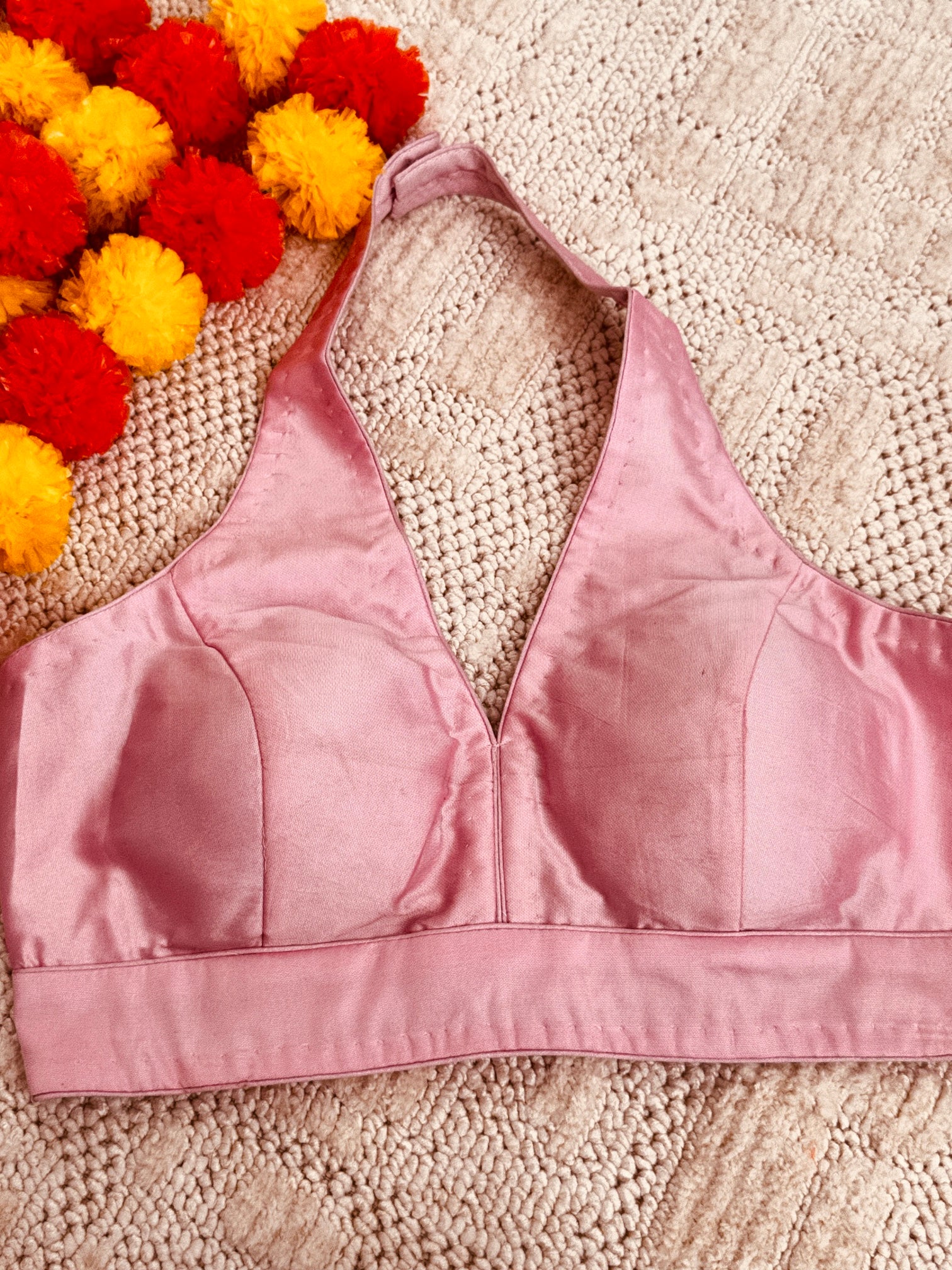 Raw Silk Halter Readymade Padded Back Hooks Sleeveless Blouse