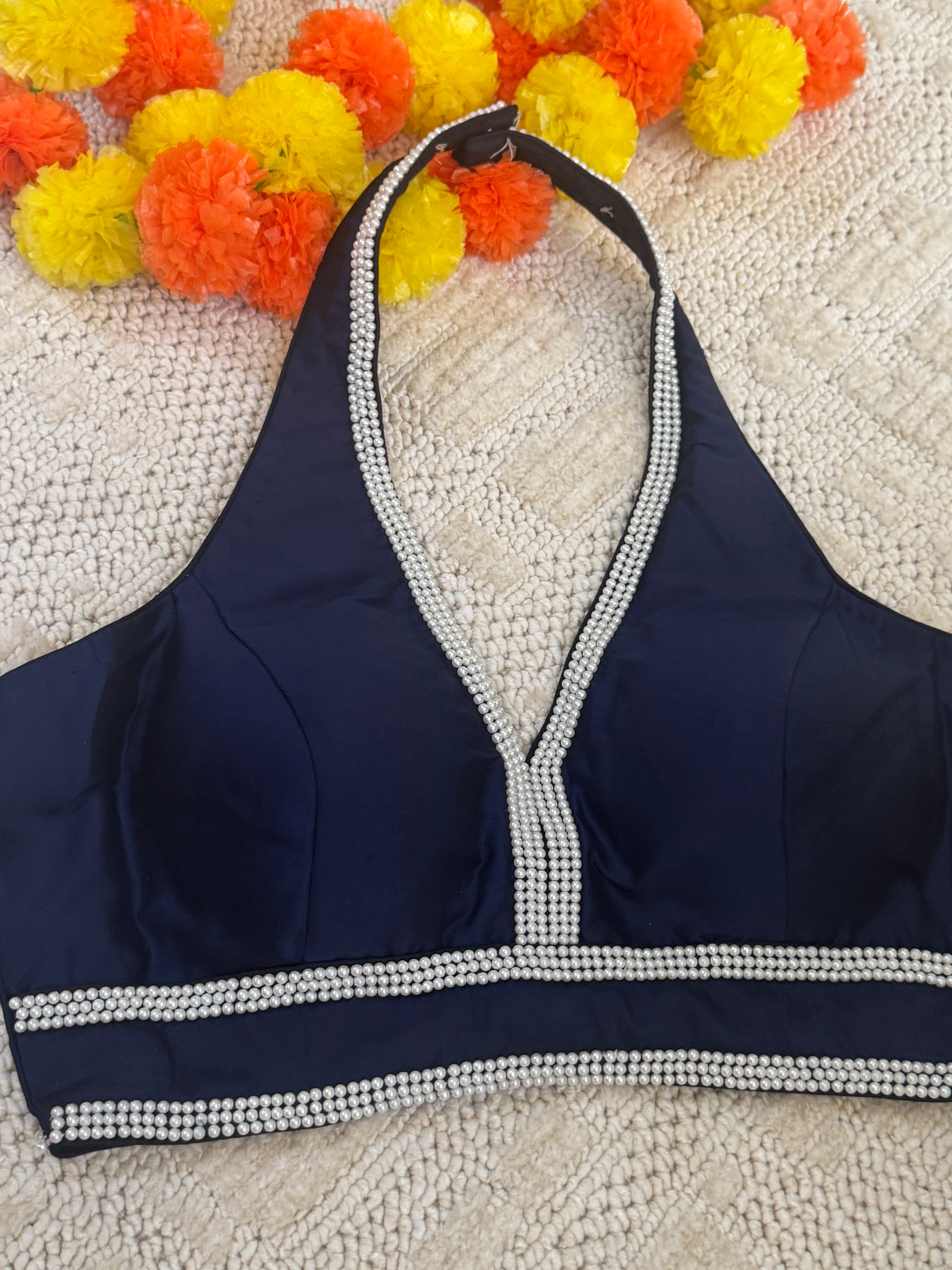 Raw Silk Halter Readymade Padded Pearl work Blouse