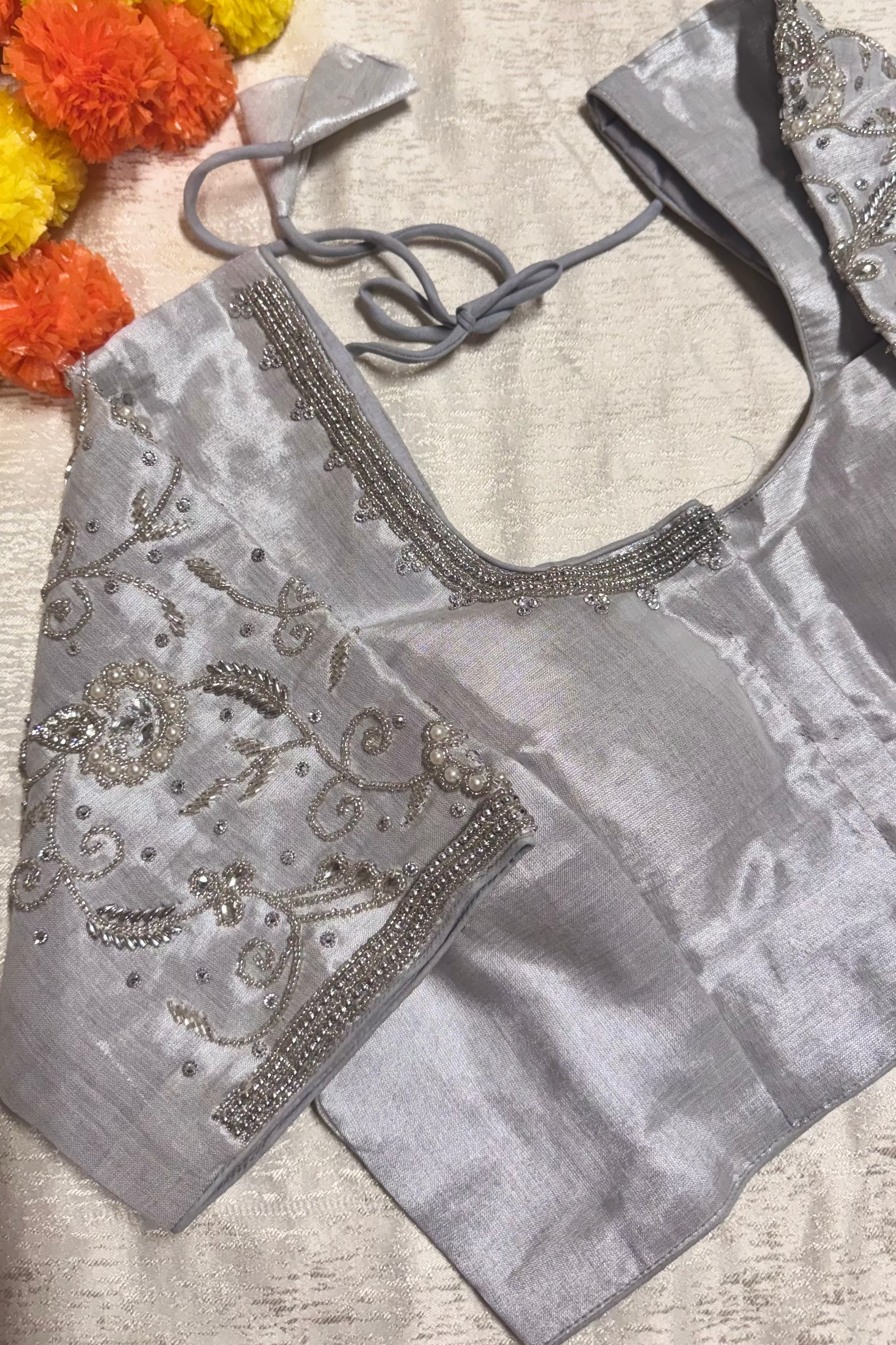 Maggam Work Readymade Padded Blouse front hooks with sleeves