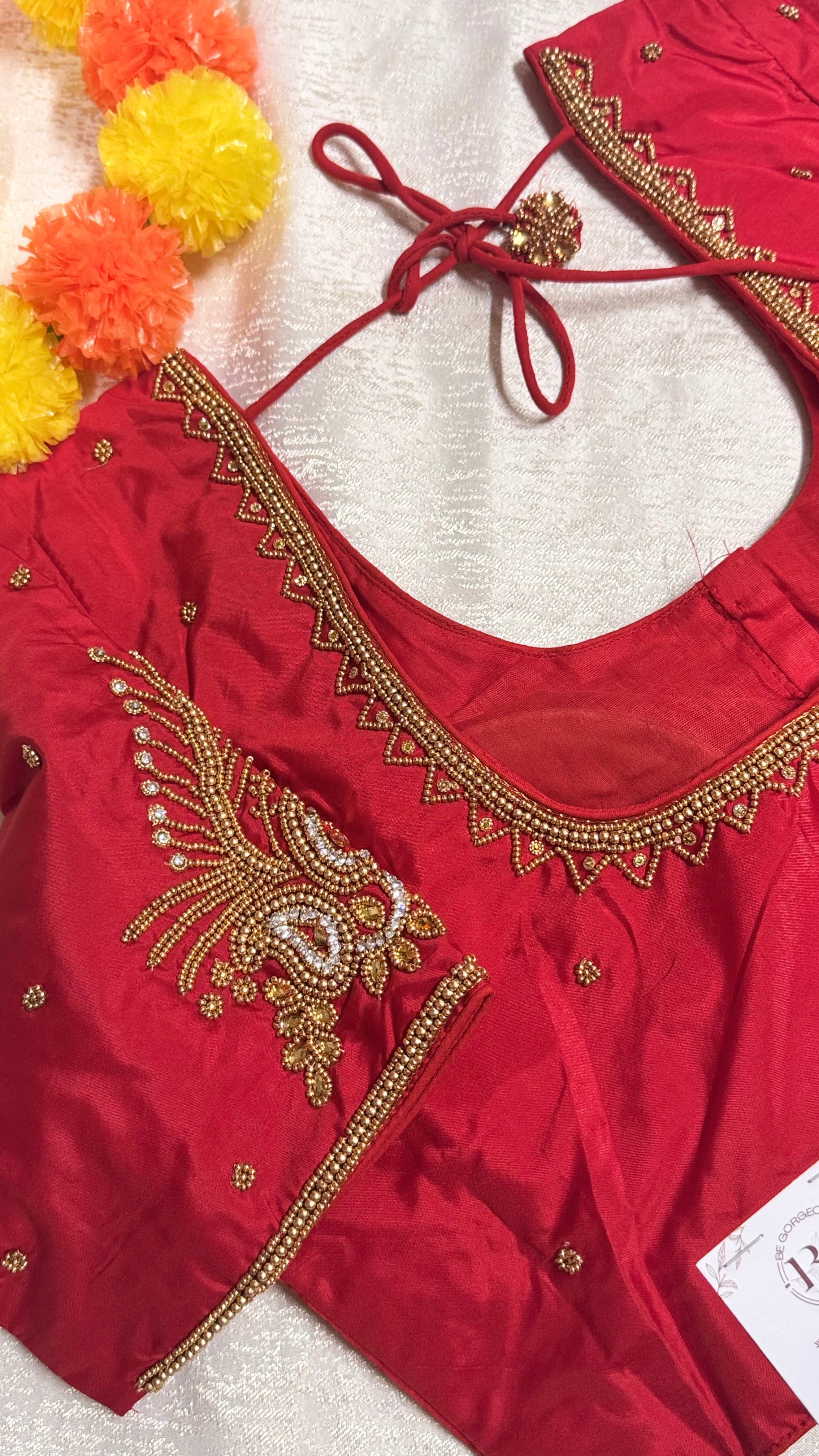 Maggam Work Readymade Padded Blouse front hooks with sleeves