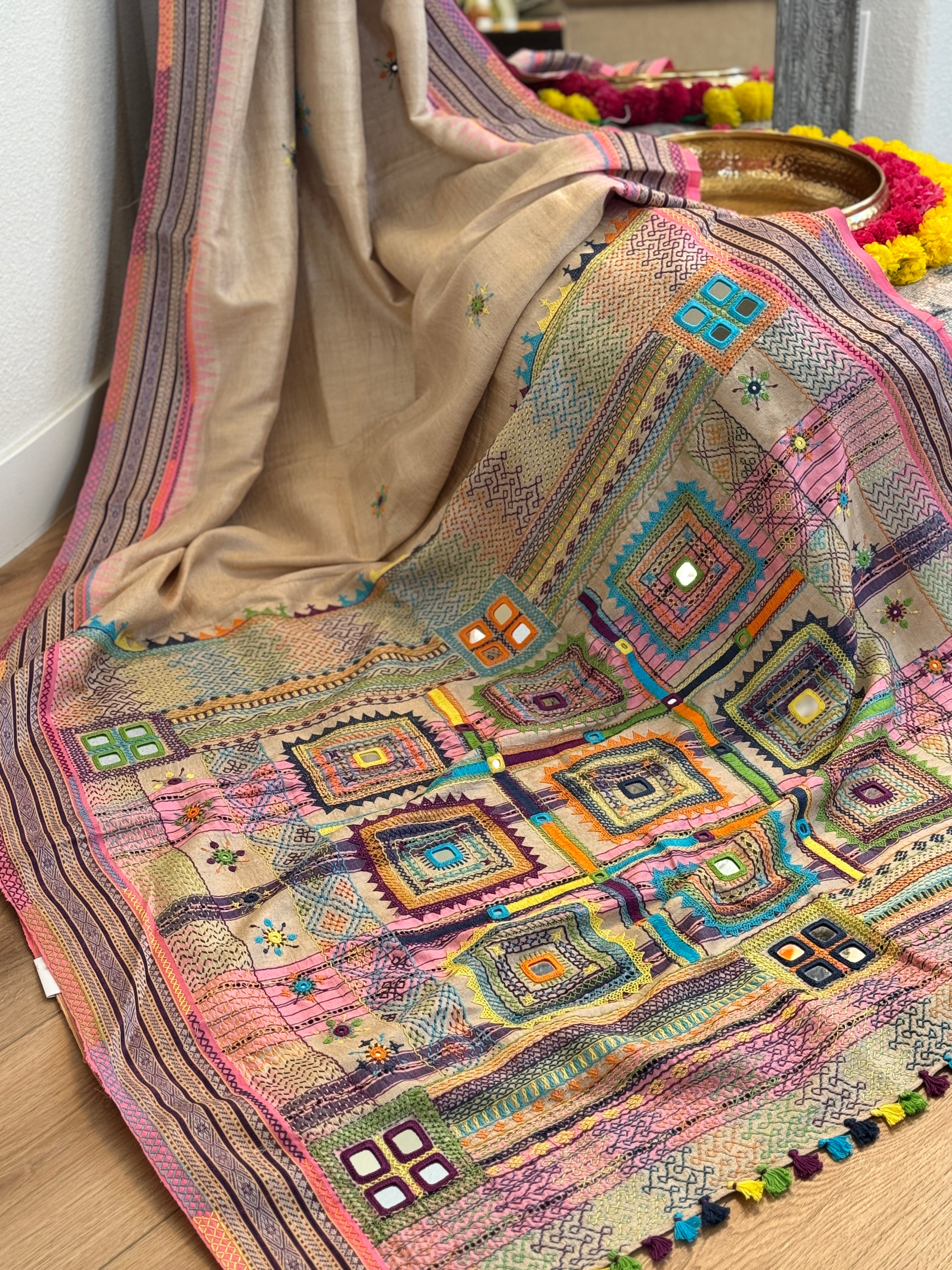 Lambani Hand Embroidered Vidharba Tussar Saree - pink