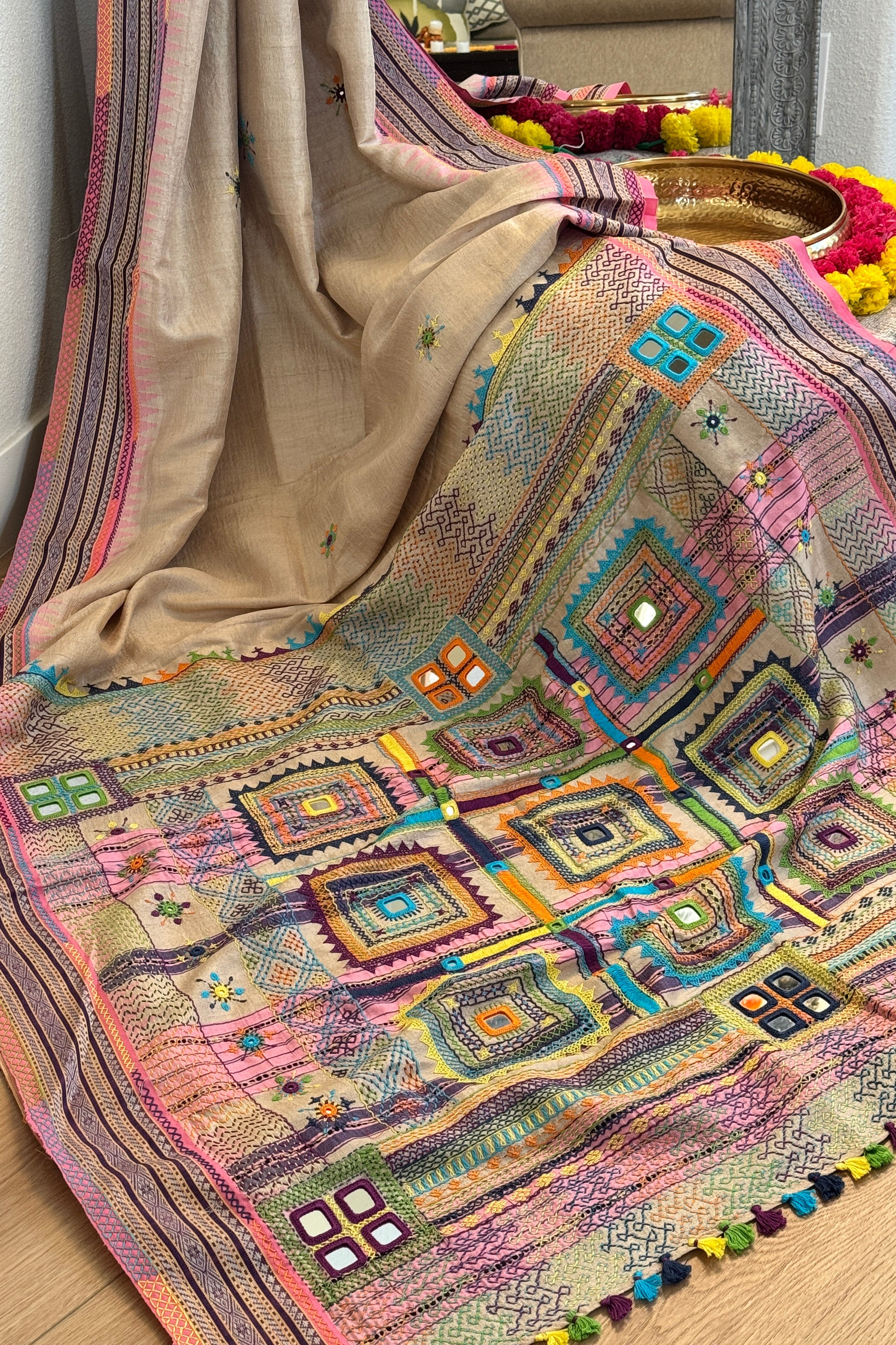 Lambani Hand Embroidered Vidharba Tussar Saree - pink