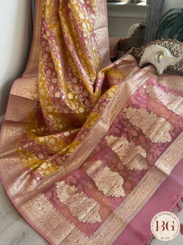Kora banarasi saree - yellow pink
