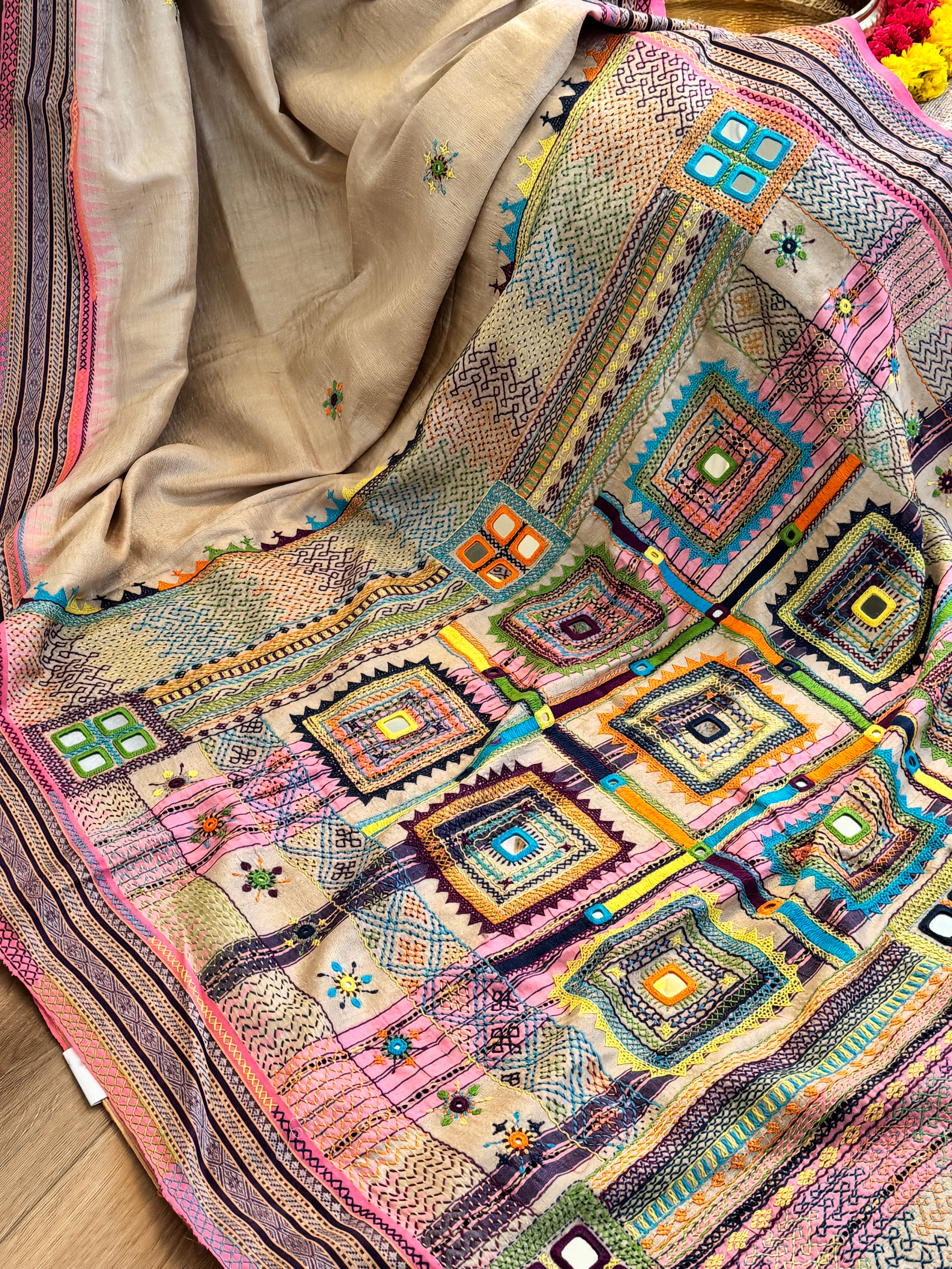 Lambani Hand Embroidered Vidharba Tussar Saree - pink