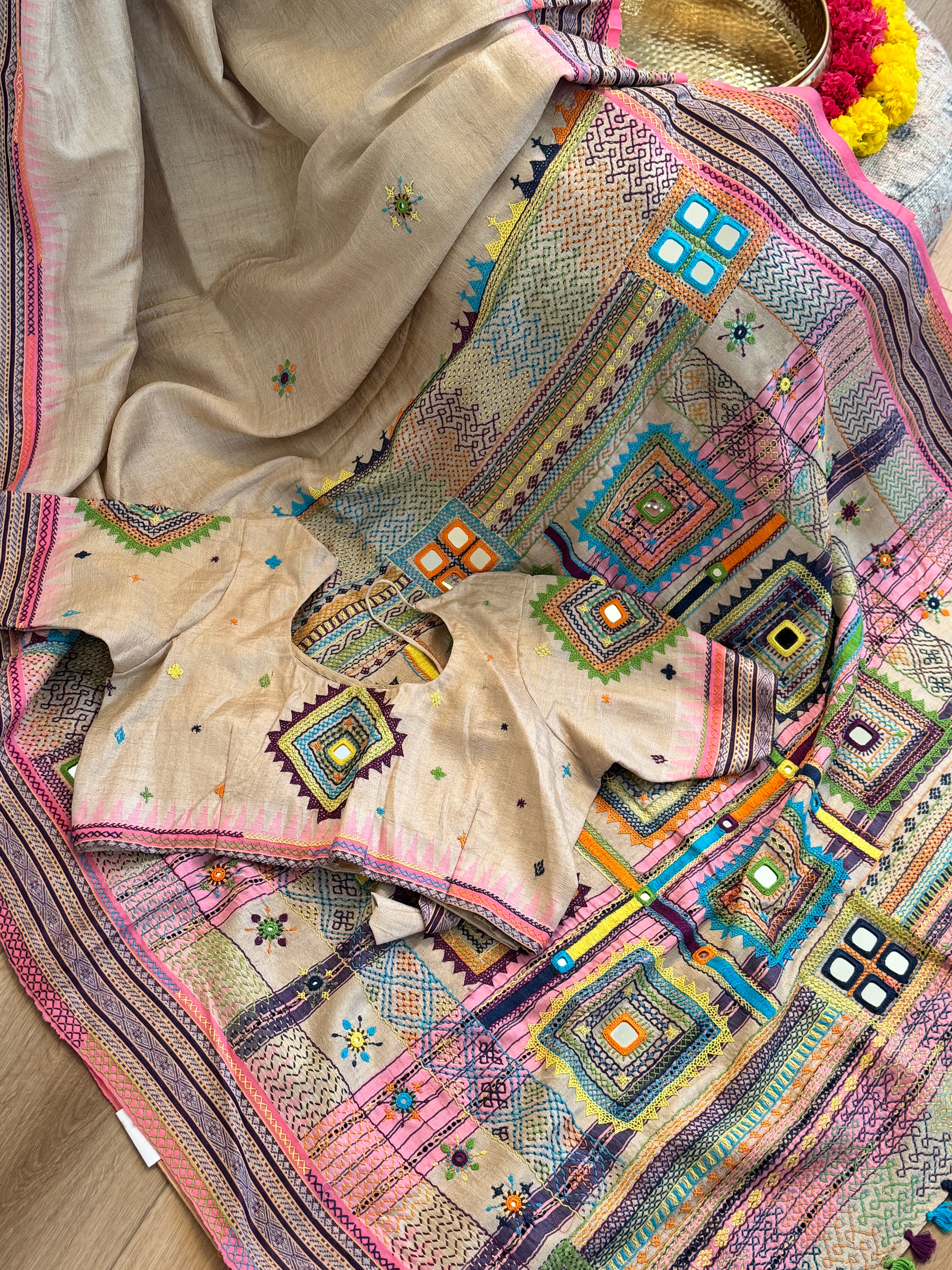 Lambani Hand Embroidered Vidharba Tussar Saree - pink