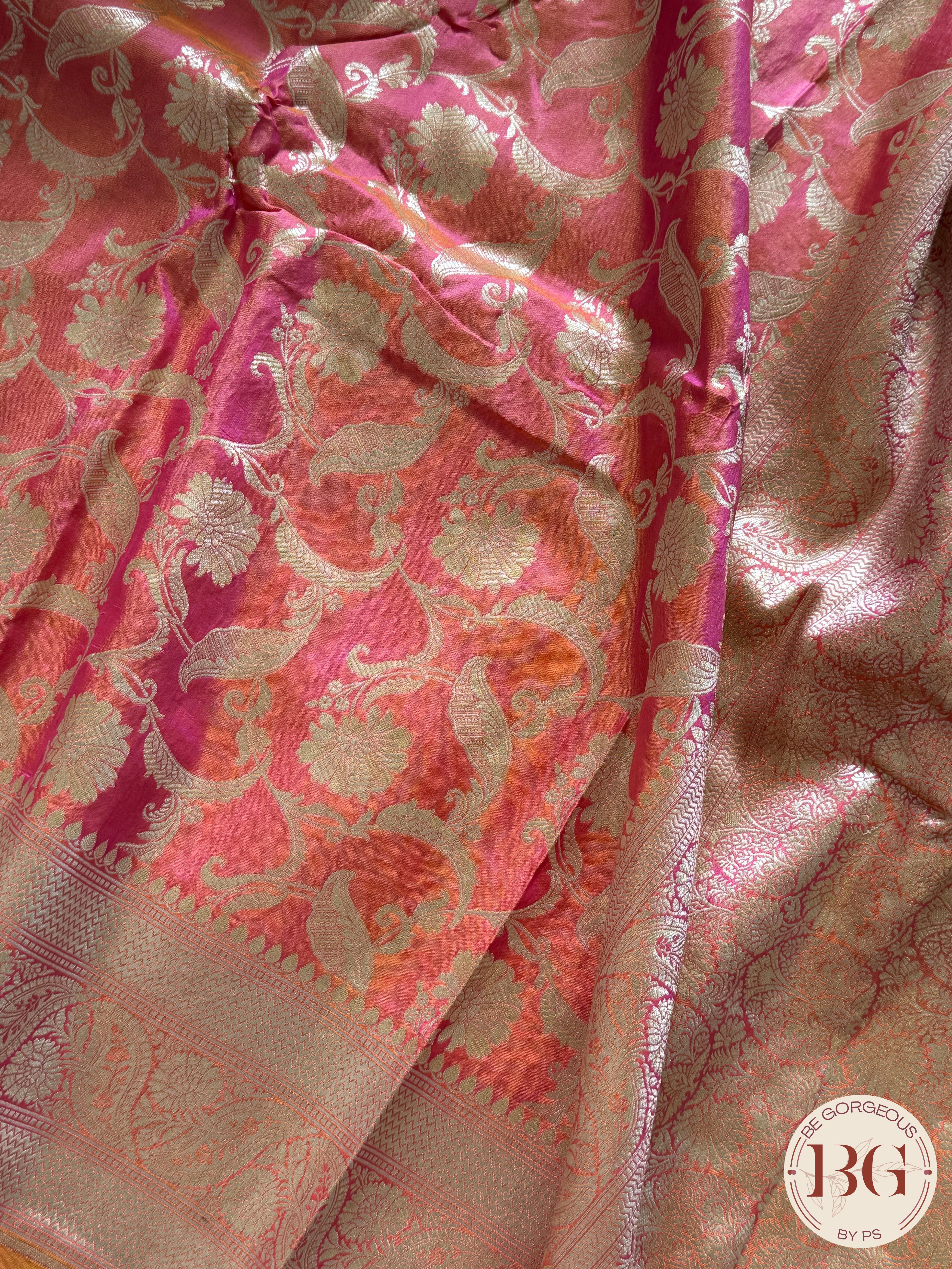 Pure Banarasi Handloom Katan Silk Contrast Border Pallu Golden Zari Cutwork Weaving Saree - Pink Orange
Silkmark certfiied