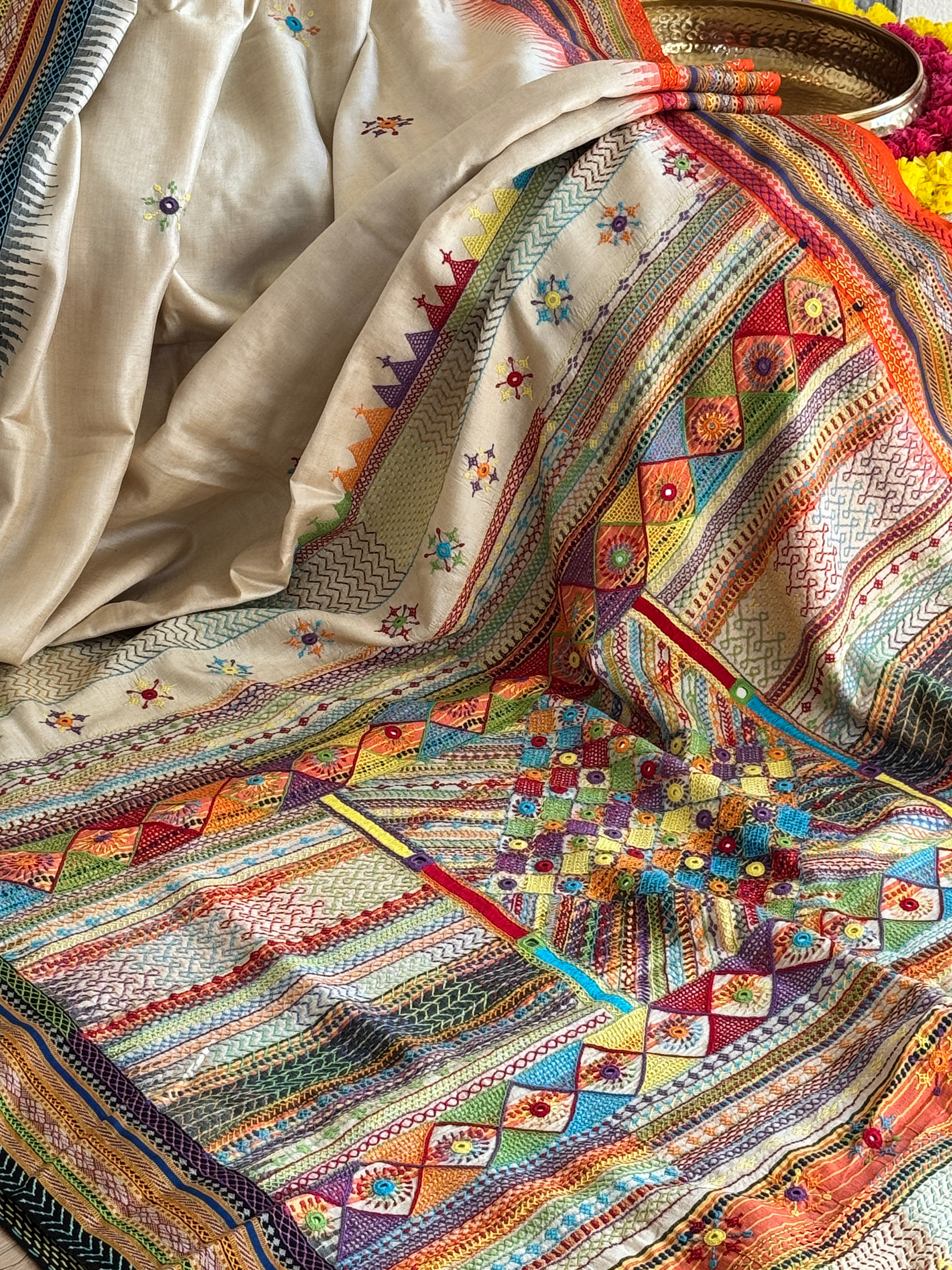 Lambani Hand Embroidered Vidharba Tussar Saree - orange